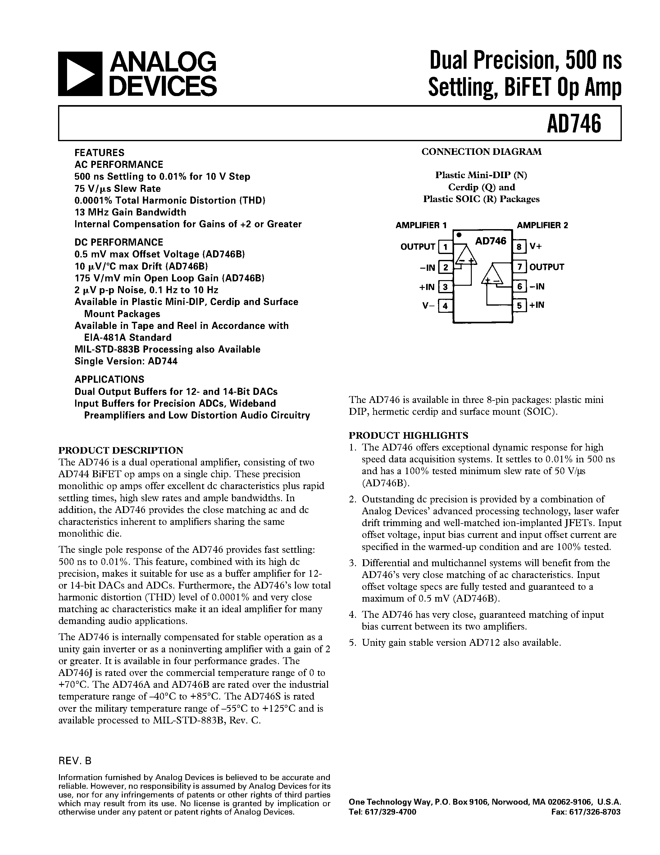 Datasheet AD746 - Dual Precision/ 500 ns Settling/ BiFET Op Amp page 1
