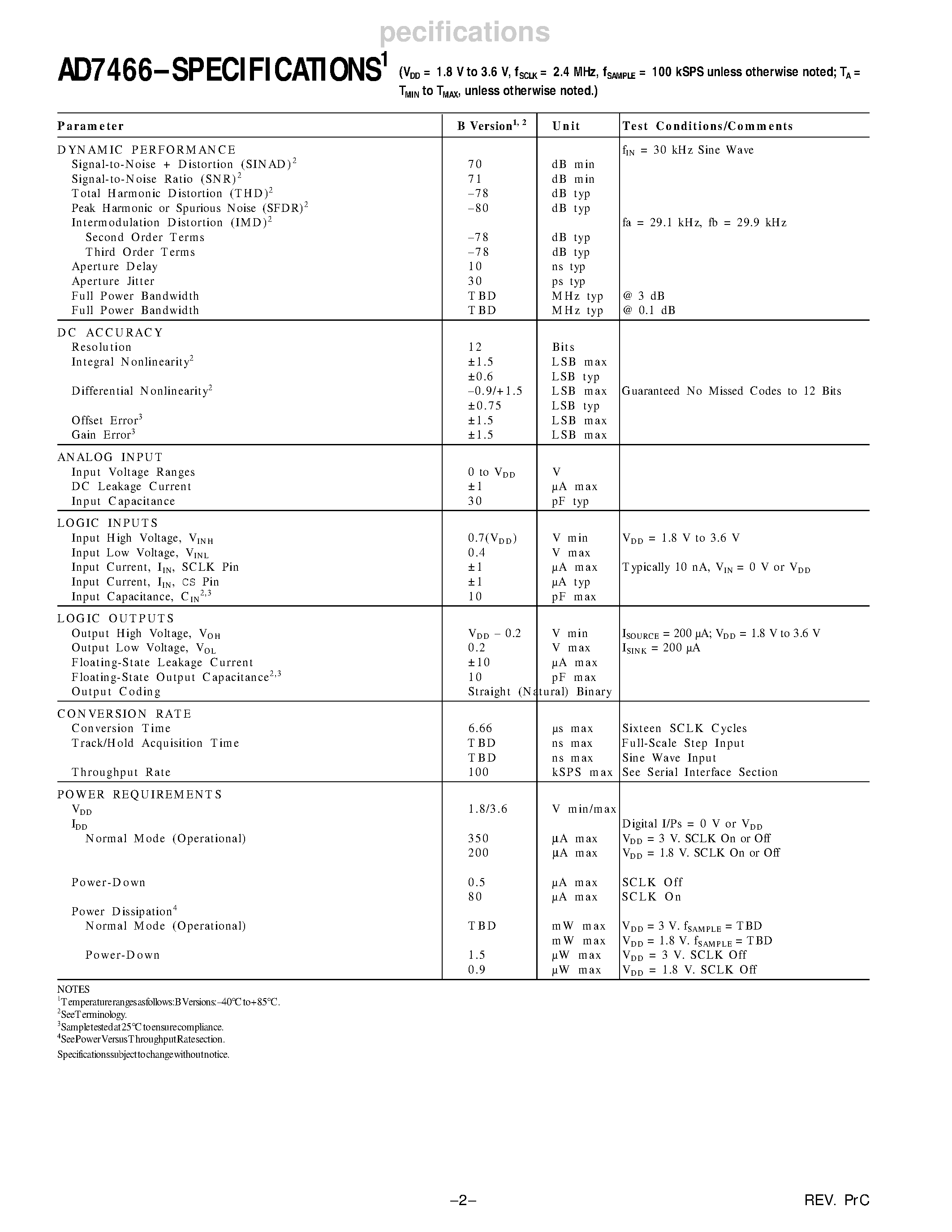Datasheet AD7466 - 1.8 V/ Micro-Power/ 8/10/12-Bit ADCs in 6 Lead SOT-23 page 2