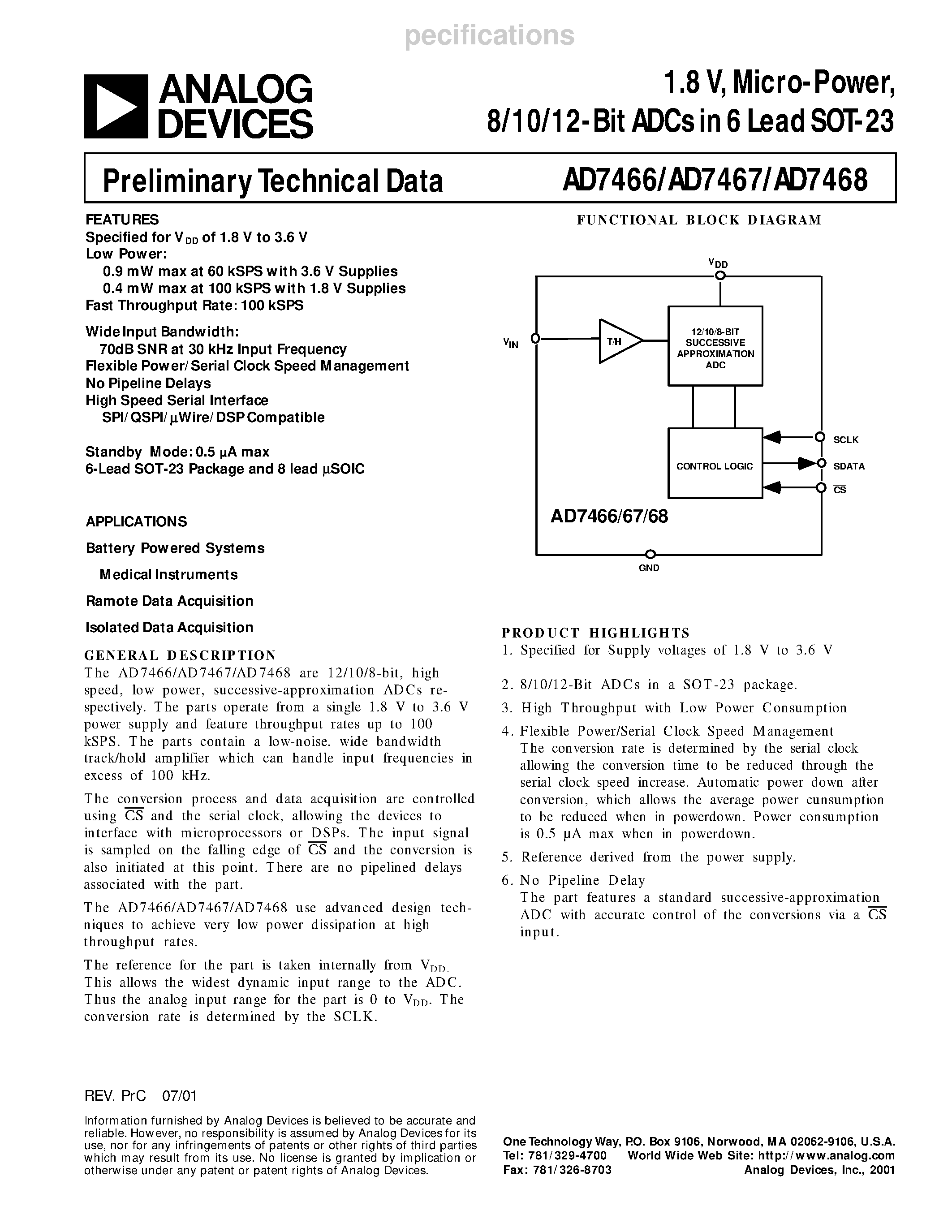 Datasheet AD7467BRT - 1.8 V/ Micro-Power/ 8/10/12-Bit ADCs in 6 Lead SOT-23 page 1