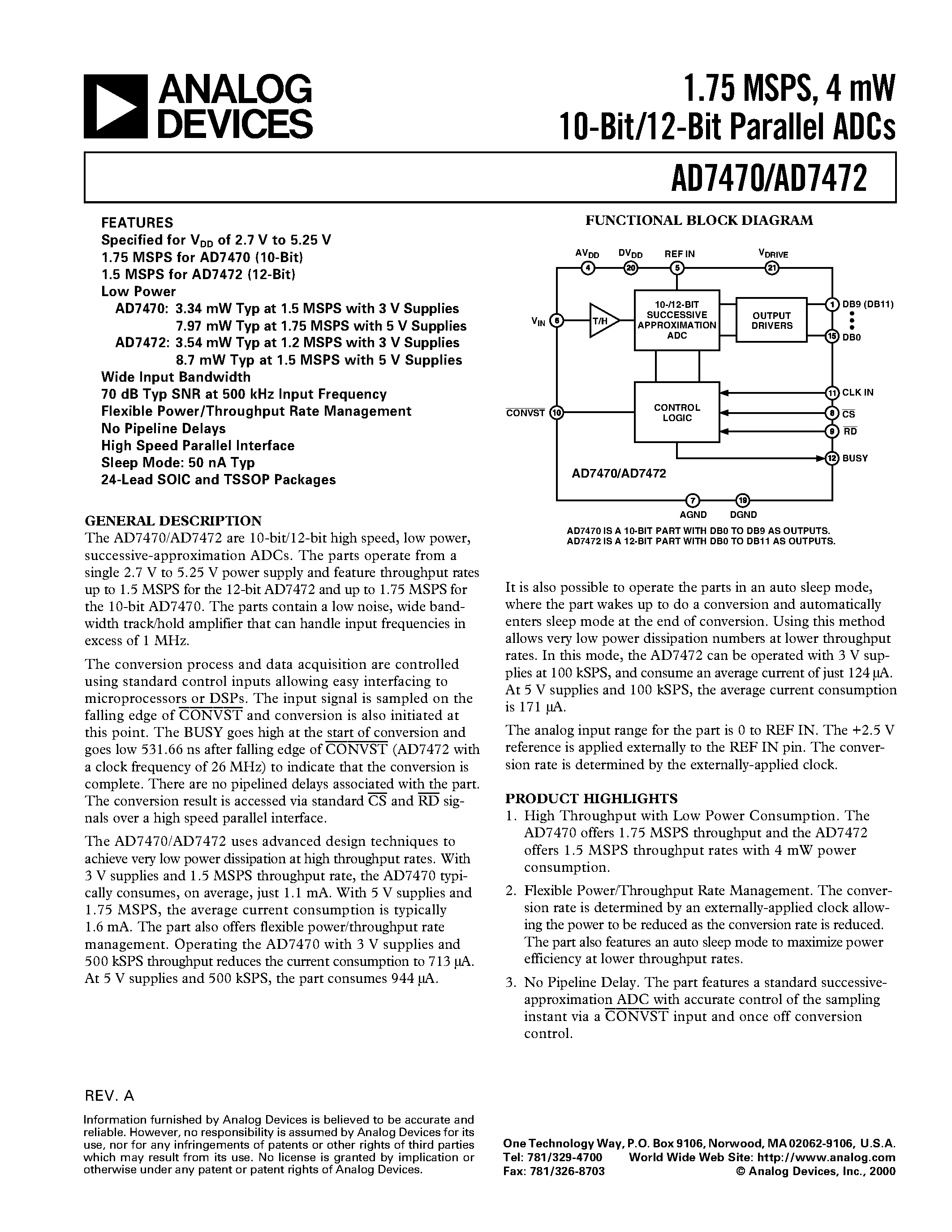 Datasheet AD7472AR - 1.75 MSPS/ 4 mW 10-Bit/12-Bit Parallel ADCs page 1