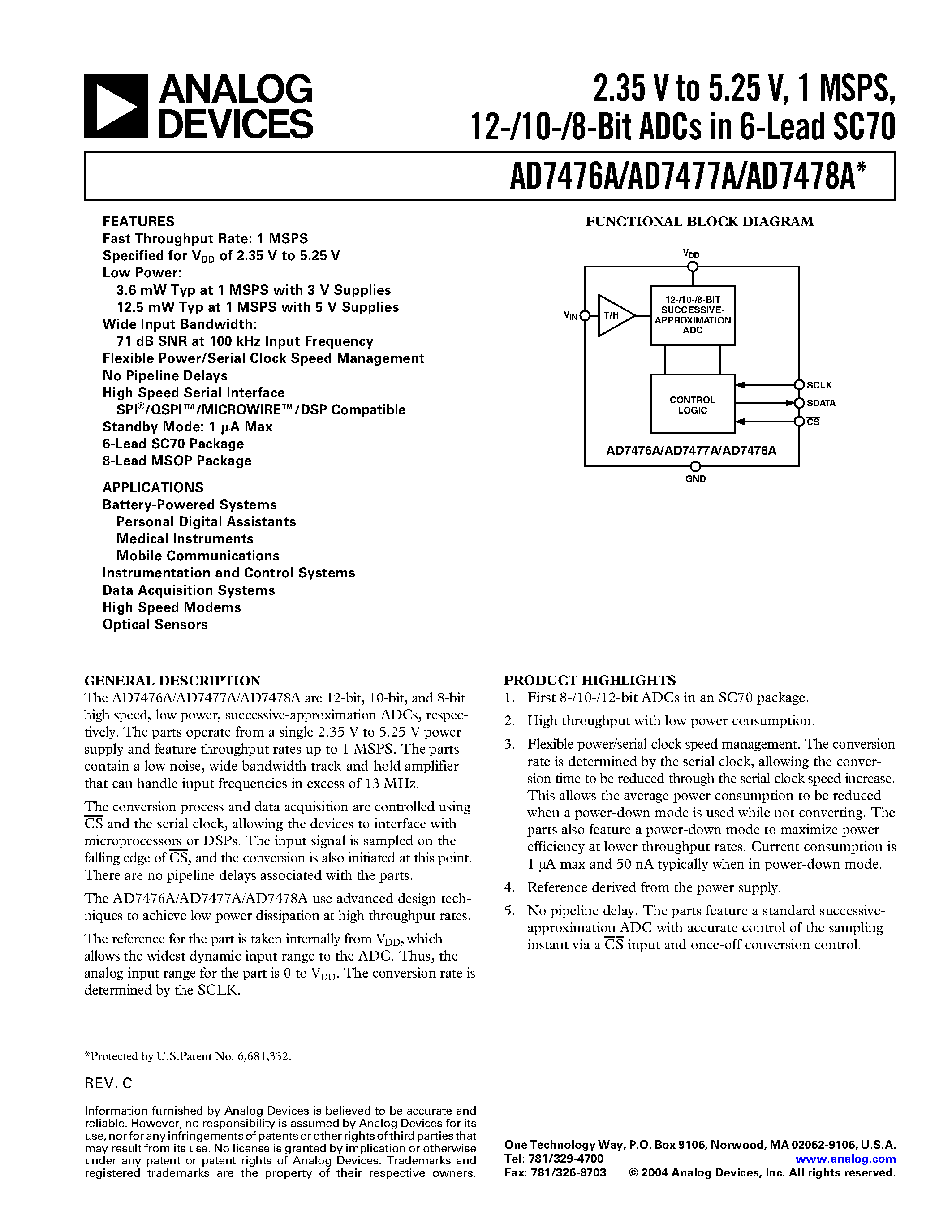 Datasheet AD7476ABKSZ-REEL3 - 2.35 V to 5.25 V/ 1 MSPS/ 12-/10-/8-Bit ADCs in 6-Lead SC70 page 1