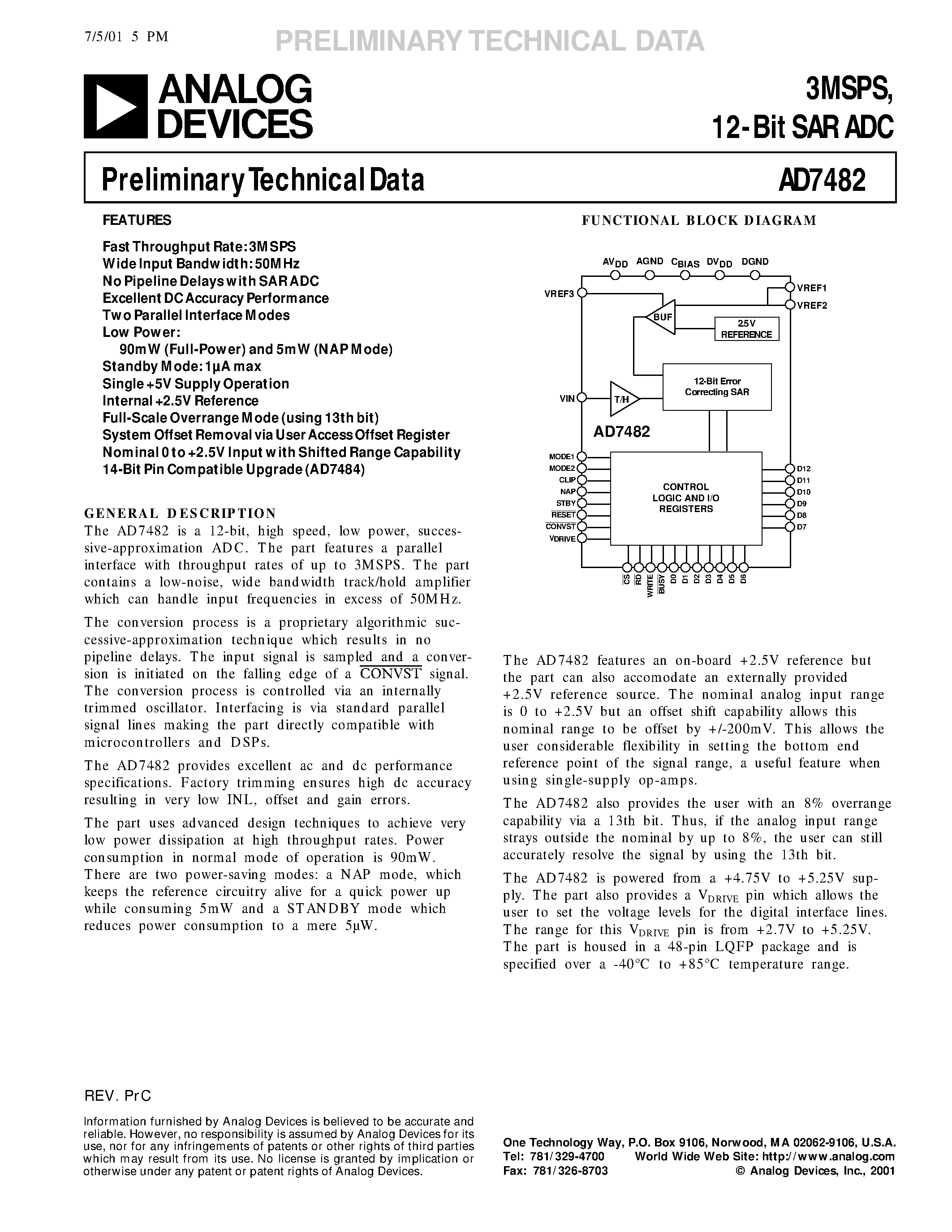 Datasheet AD7482 page 1 Datasheet AD7482 - 3MSPS/ 12-Bit SAR ADC page 1