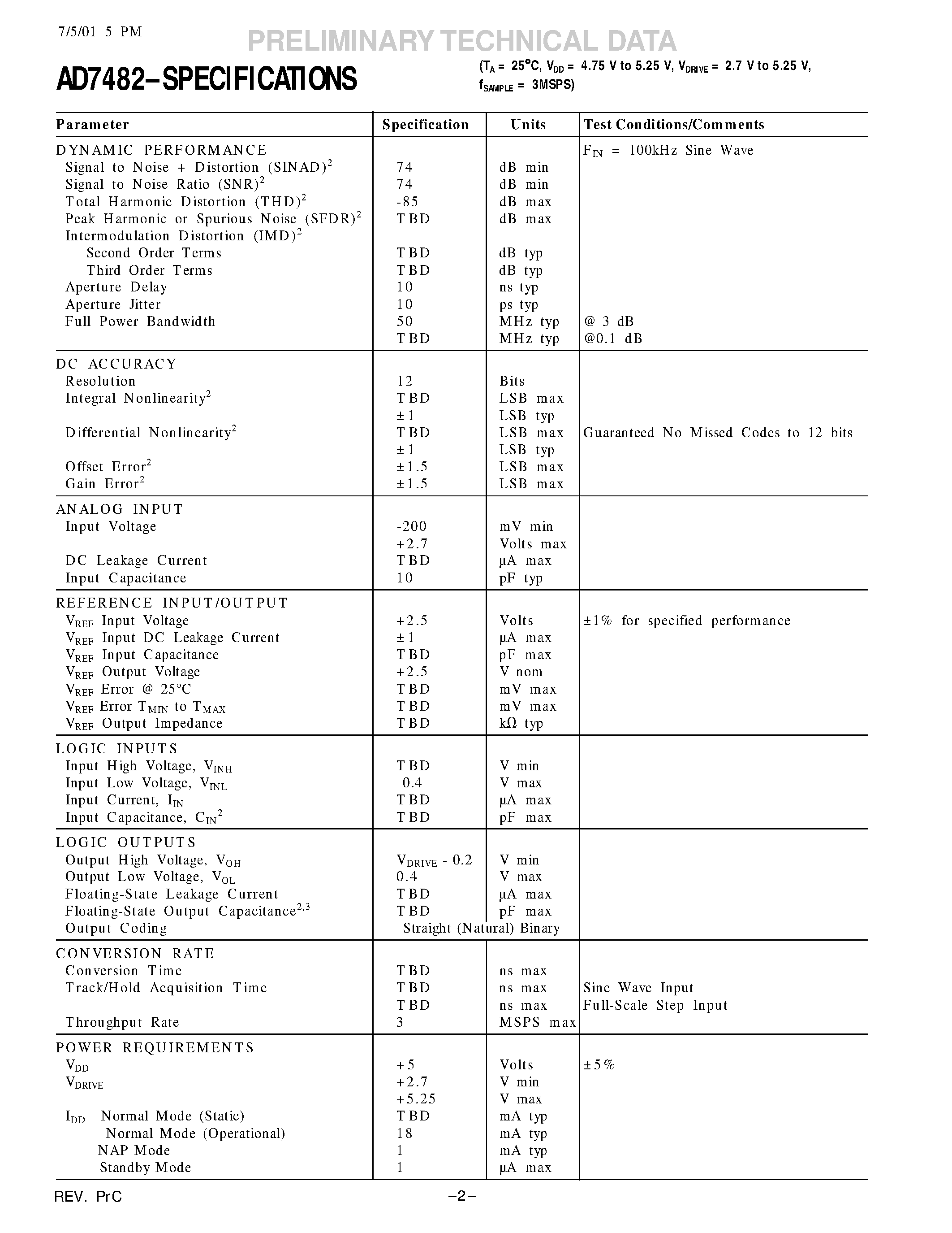 Datasheet AD7482 page 2 Datasheet AD7482 - 3MSPS/ 12-Bit SAR ADC page 2
