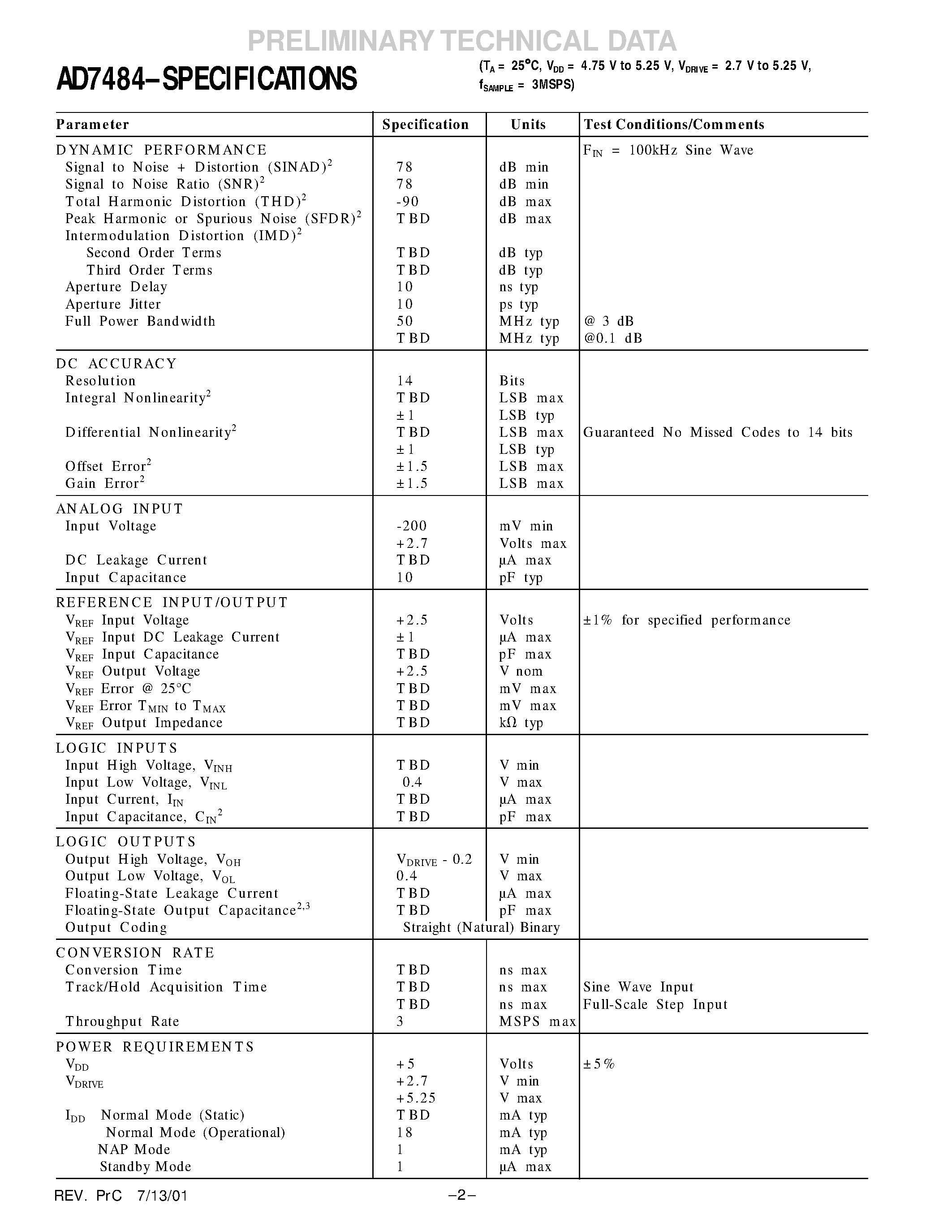 Datasheet AD7484 - 3MSPS/ 14-Bit SAR ADC page 2