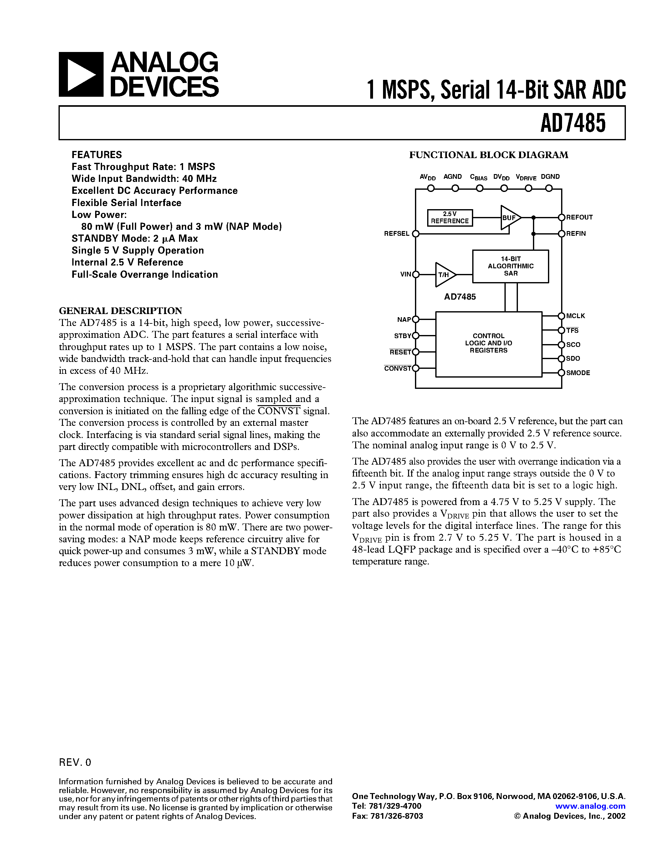 Datasheet AD7485 - 1 MSPS/ Serial 14-Bit SAR ADC page 1
