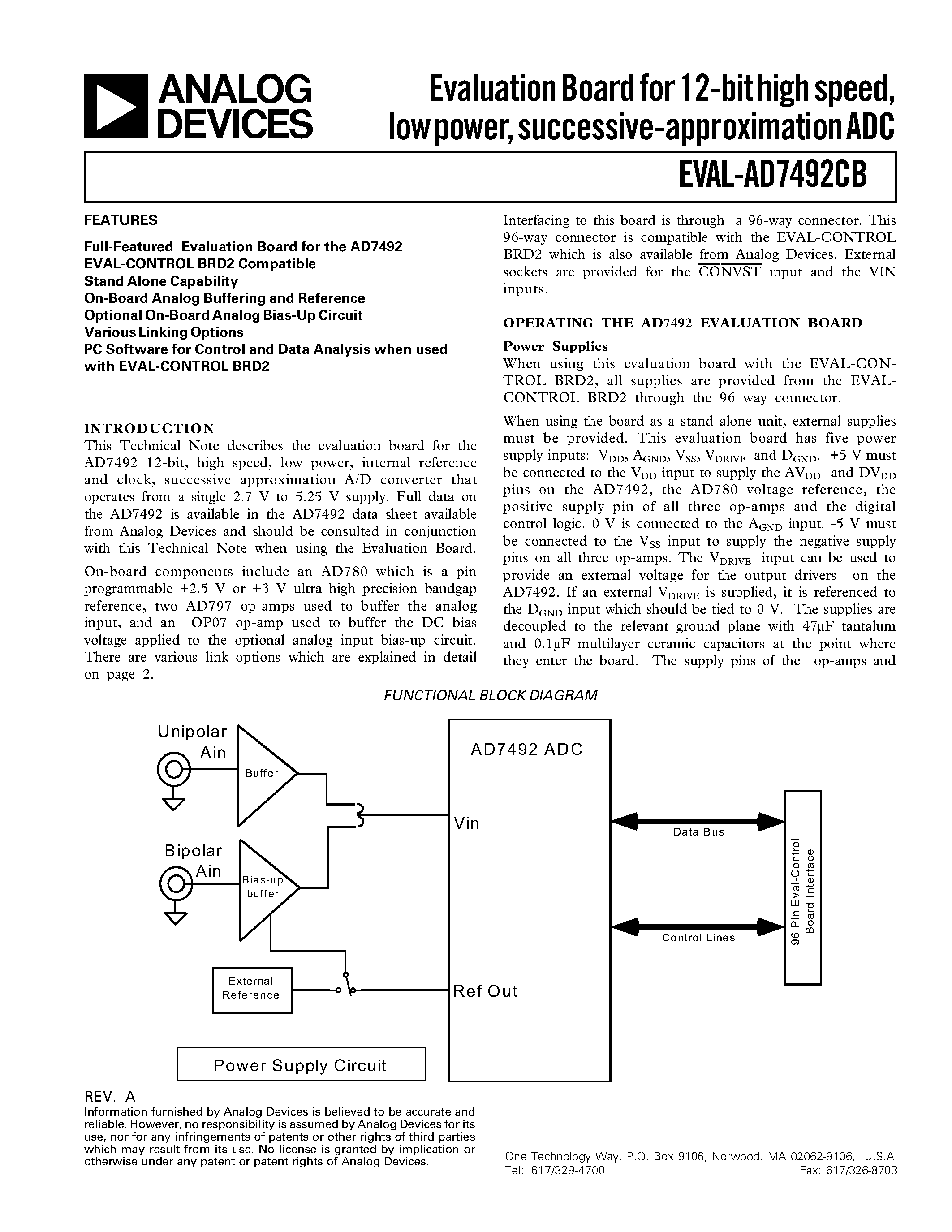 Datasheet AD7492CB - Evaluation Board for 12-bit high speed/ low power/ successive-approximation ADC page 1