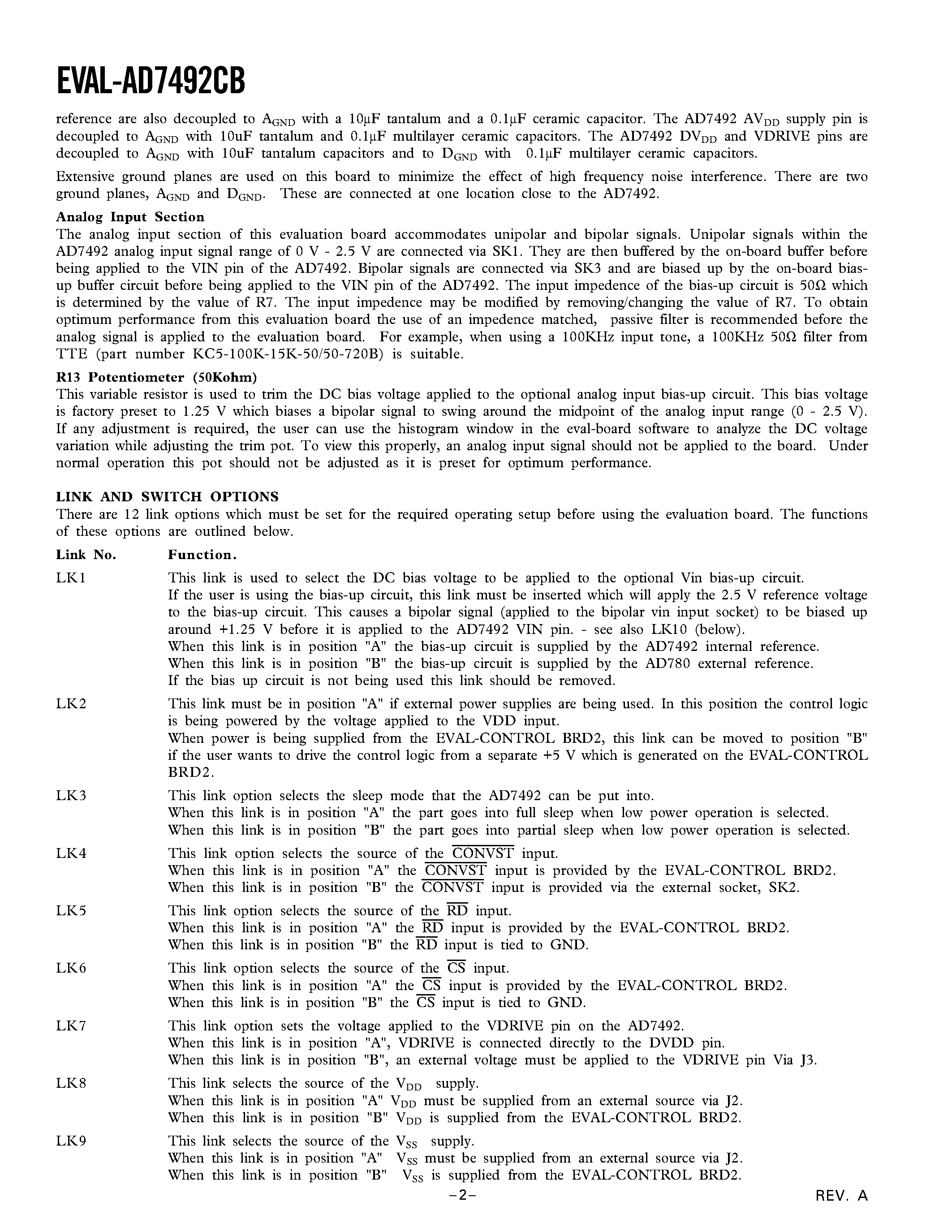 Datasheet AD7492CB - Evaluation Board for 12-bit high speed/ low power/ successive-approximation ADC page 2