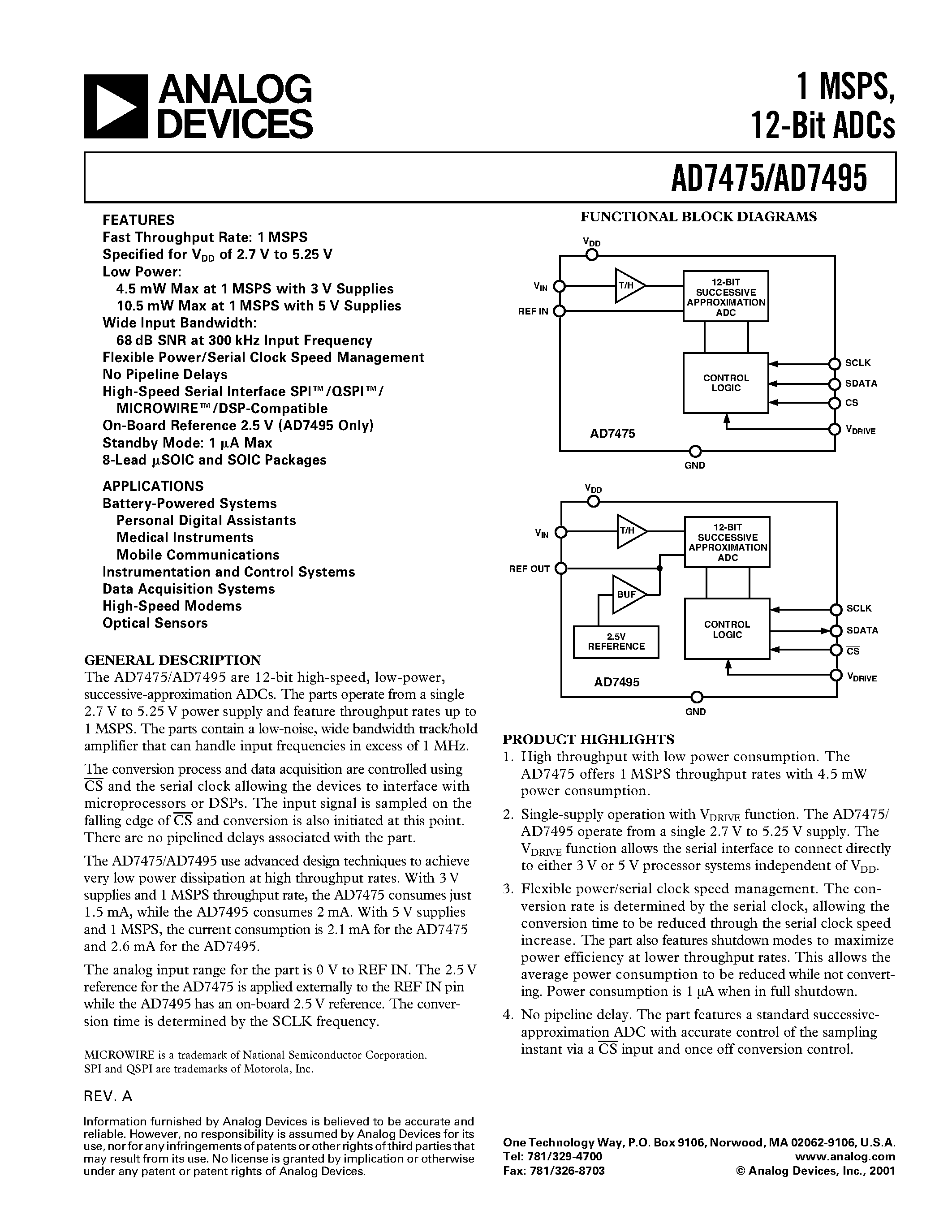 Datasheet AD7495ARM - 1 MSPS/ 12-Bit ADCs page 1