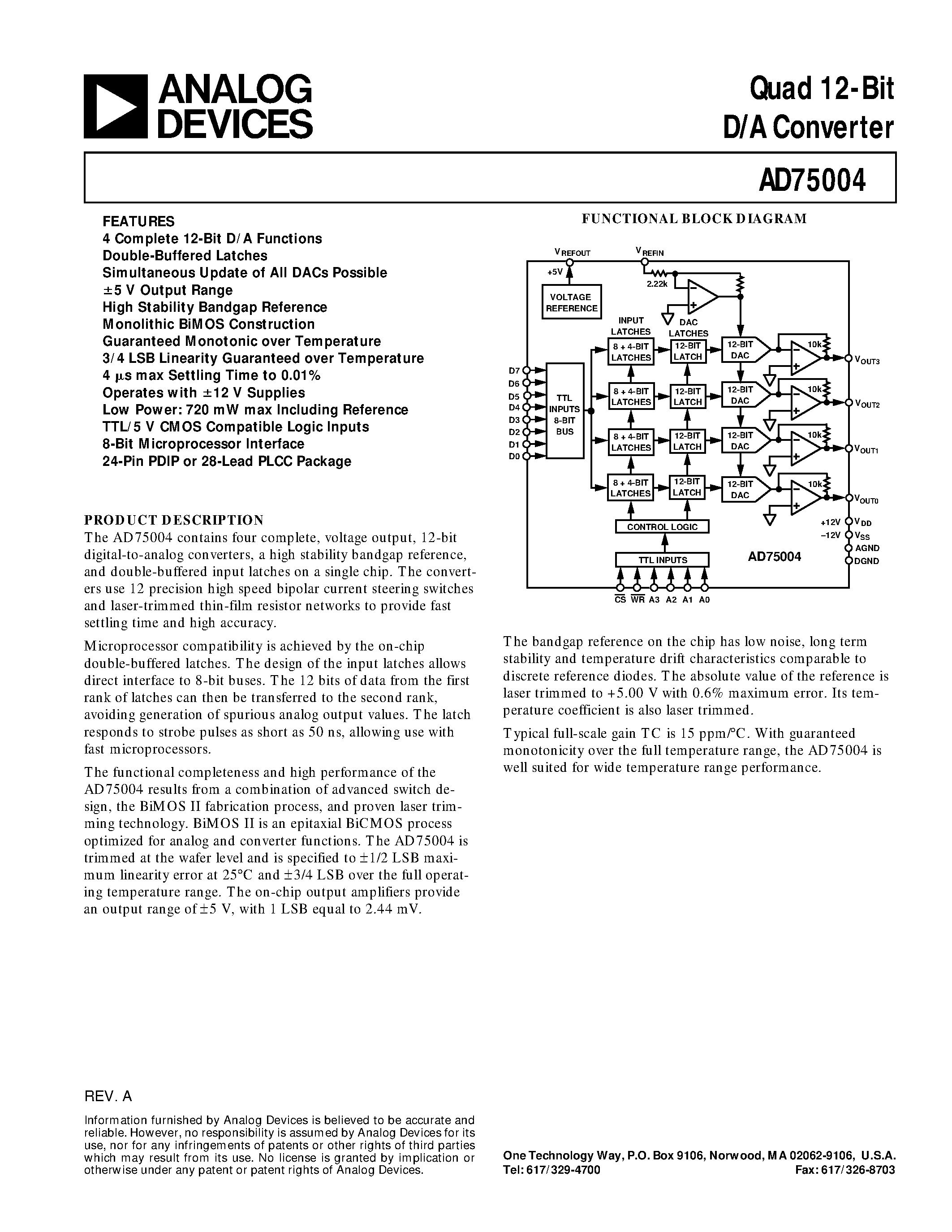 Datasheet AD75004 page 1 Datasheet AD75004 - Quad 12-Bit D/A Converter page 1