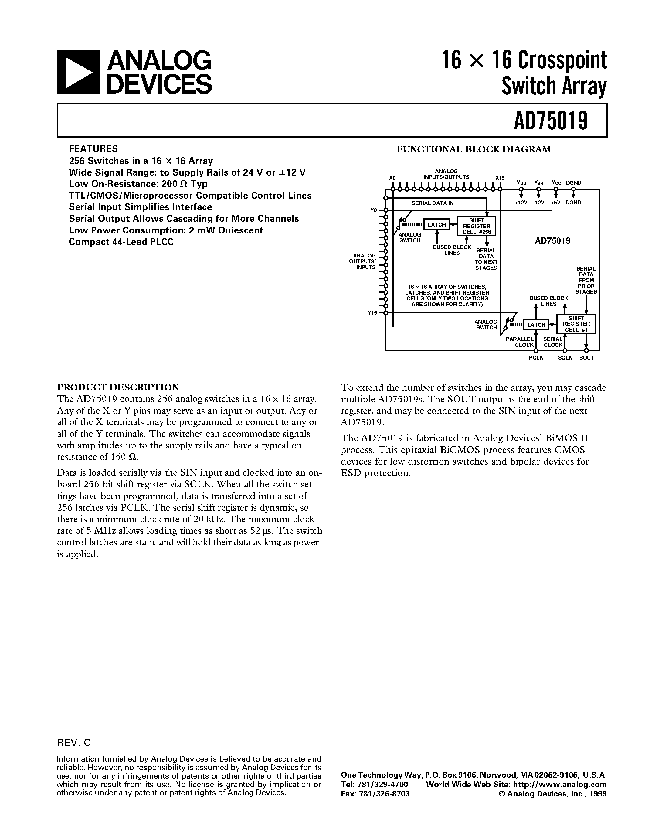 Datasheet AD75019 - 16 x 16 Crosspoint Switch Array page 1