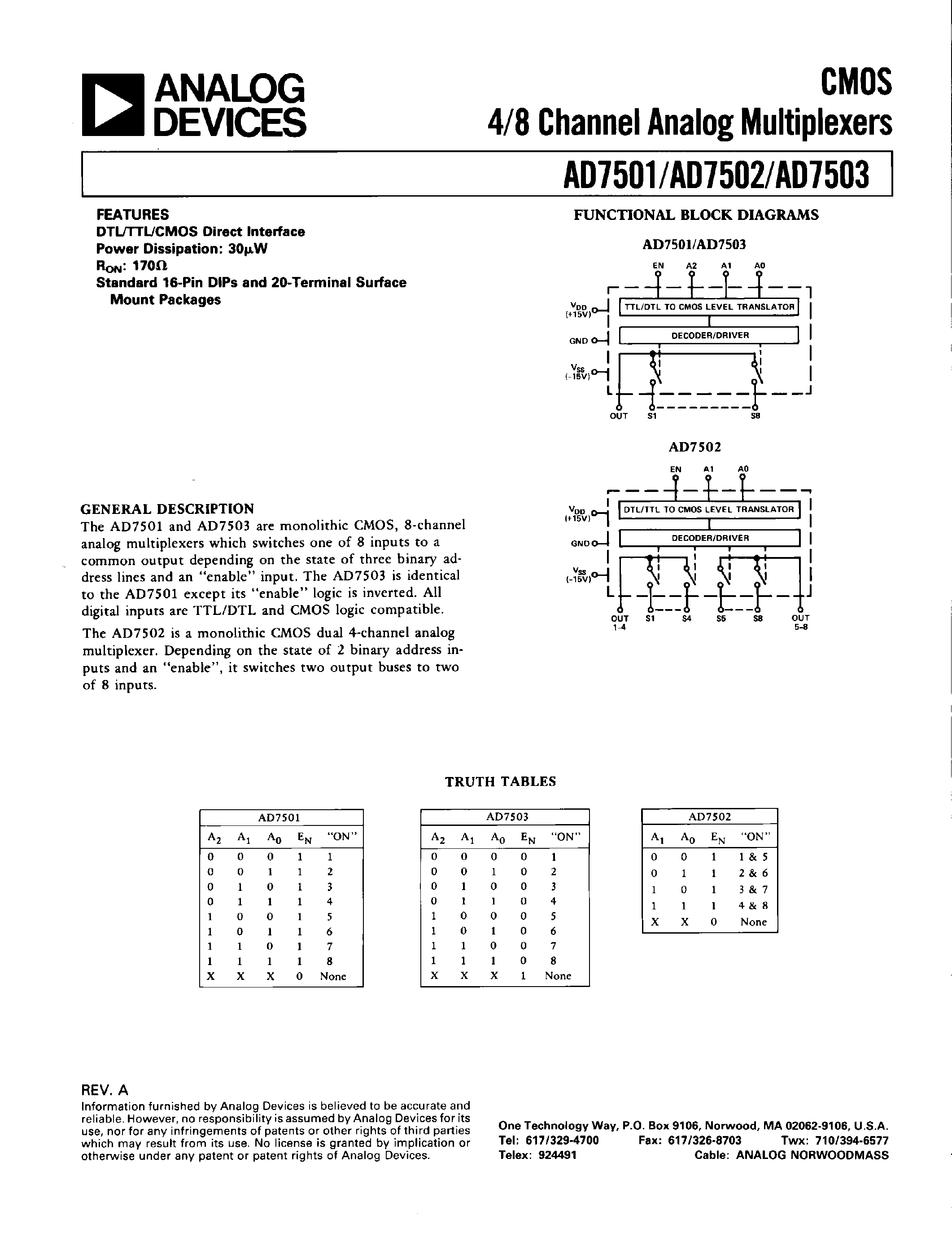 Datasheet AD7502KQ - CMOS 4/8 Channel Analog Multiplexers page 1