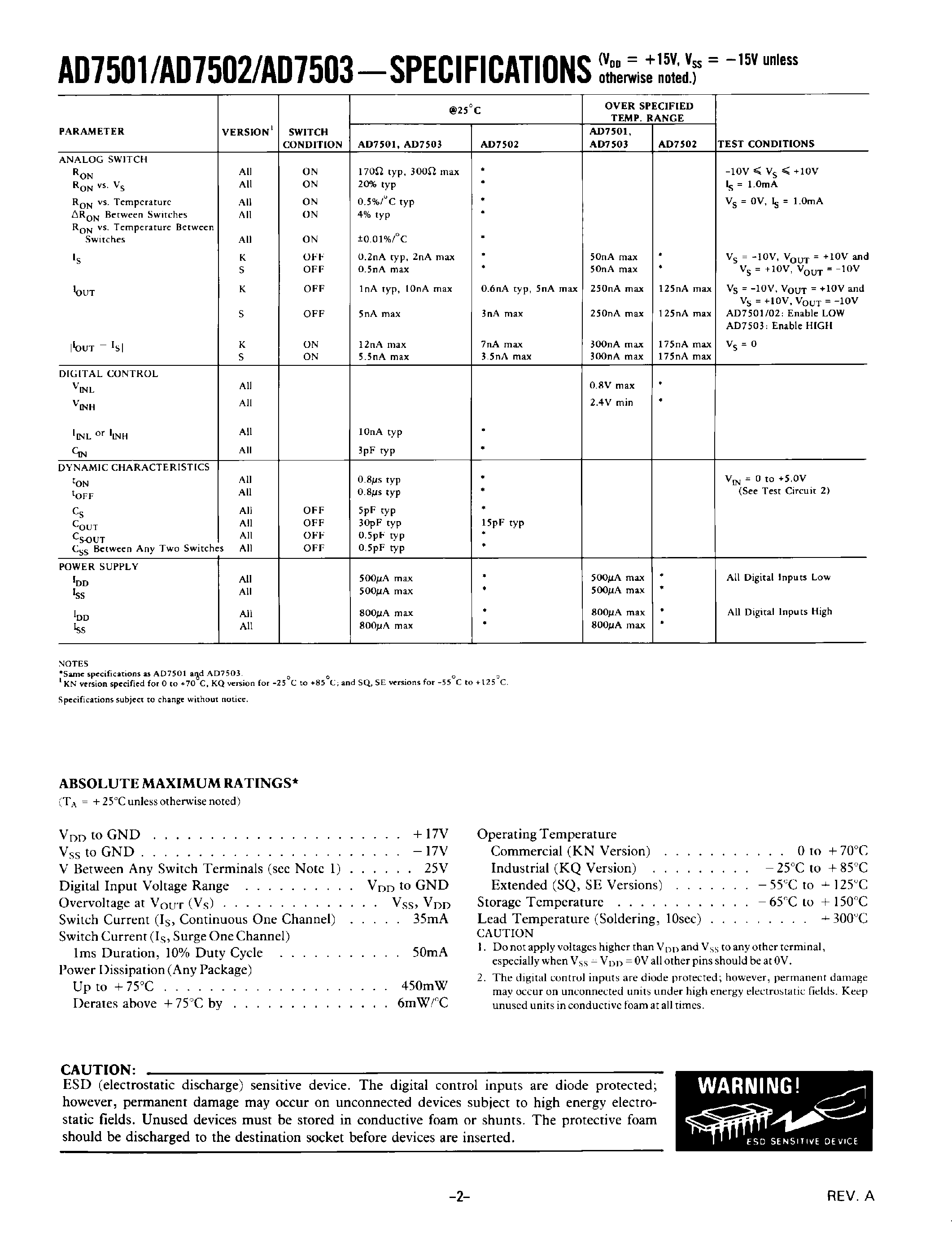 Datasheet AD7503KQ - CMOS 4/8 Channel Analog Multiplexers page 2