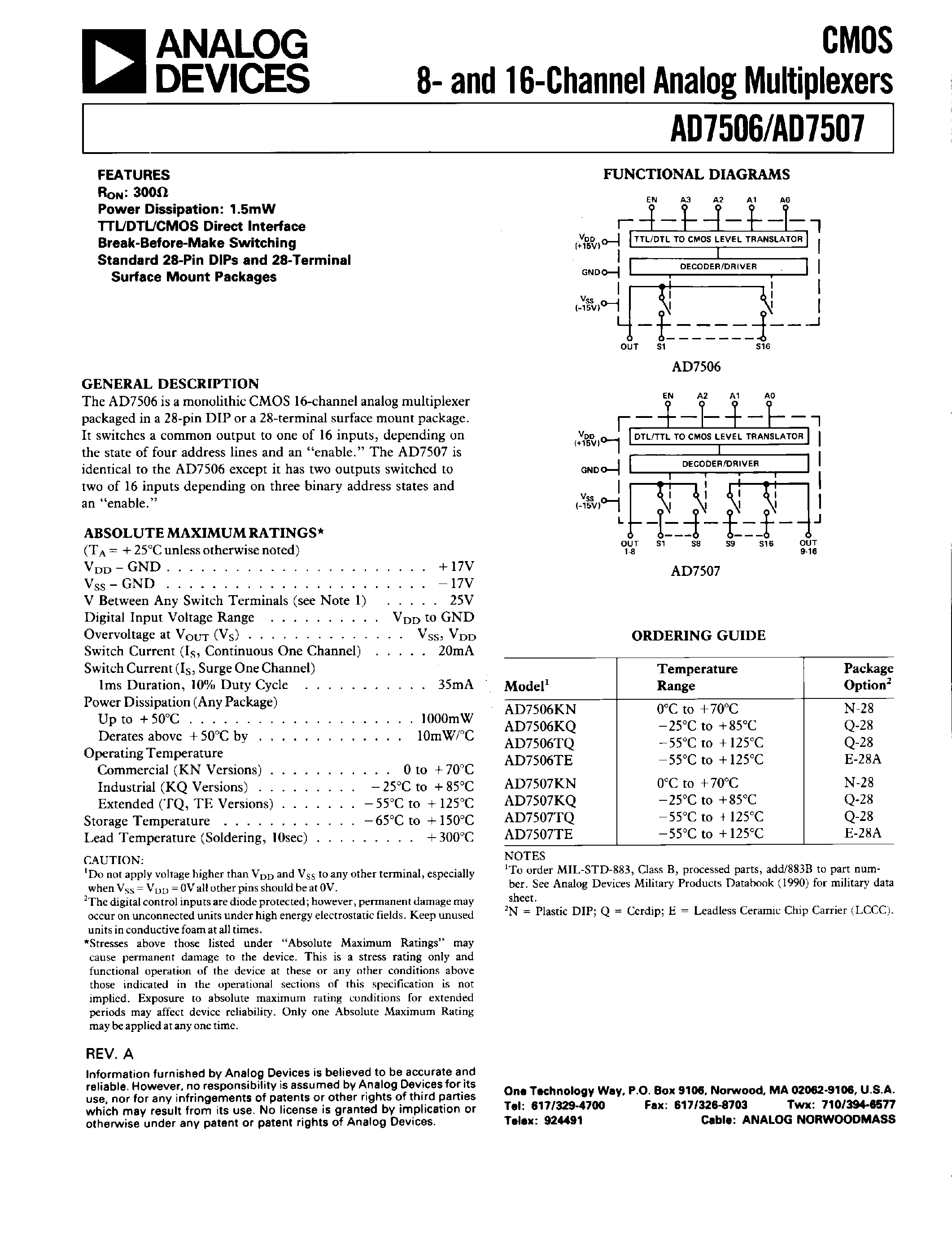 Datasheet AD7506KQ page 1 Datasheet AD7506KQ - CMOS 8- AND 16-CHANNEL ANALOG MULTIPLEXERS page 1
