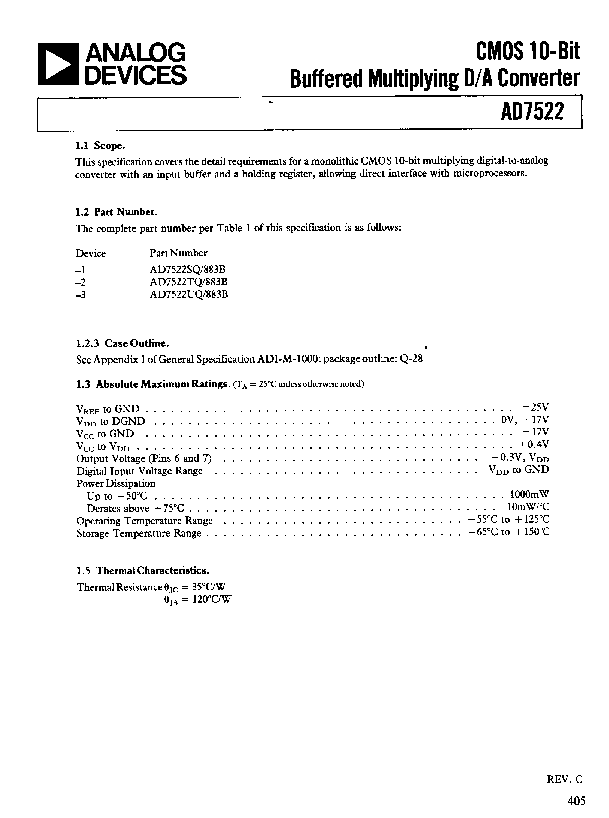 Datasheet AD7522UQ/883B page 1 Datasheet AD7522UQ/883B - CMOS 10-BIT BUFFERED MULTIPLAYING D/A CONVERTER page 1