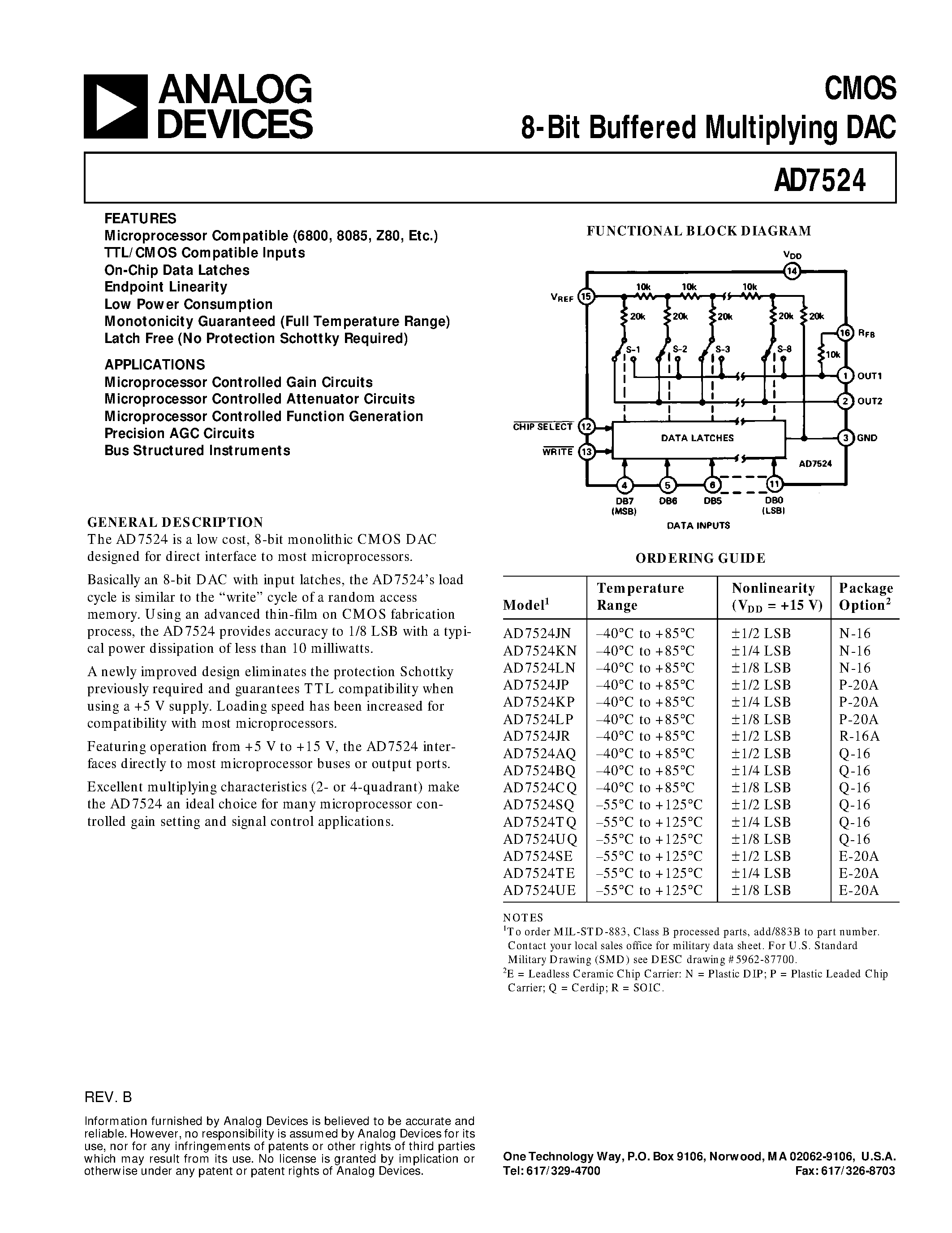 Datasheet AD7524TE - CMOS 8-Bit Buffered Multiplying DAC page 1