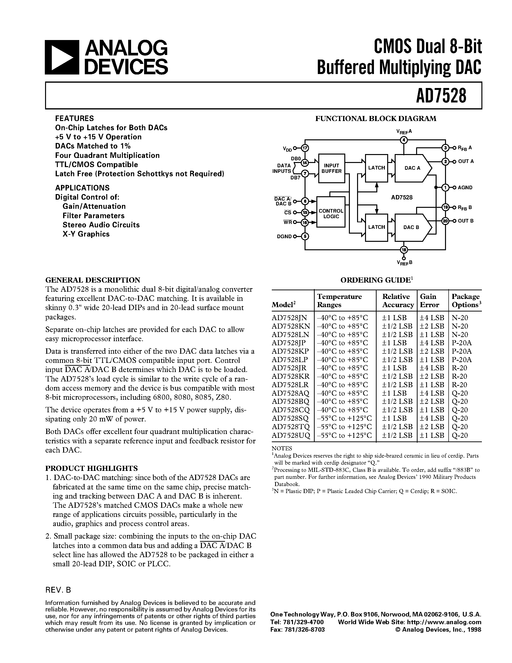 Datasheet AD7528LP - CMOS Dual 8-Bit Buffered Multiplying DAC page 1