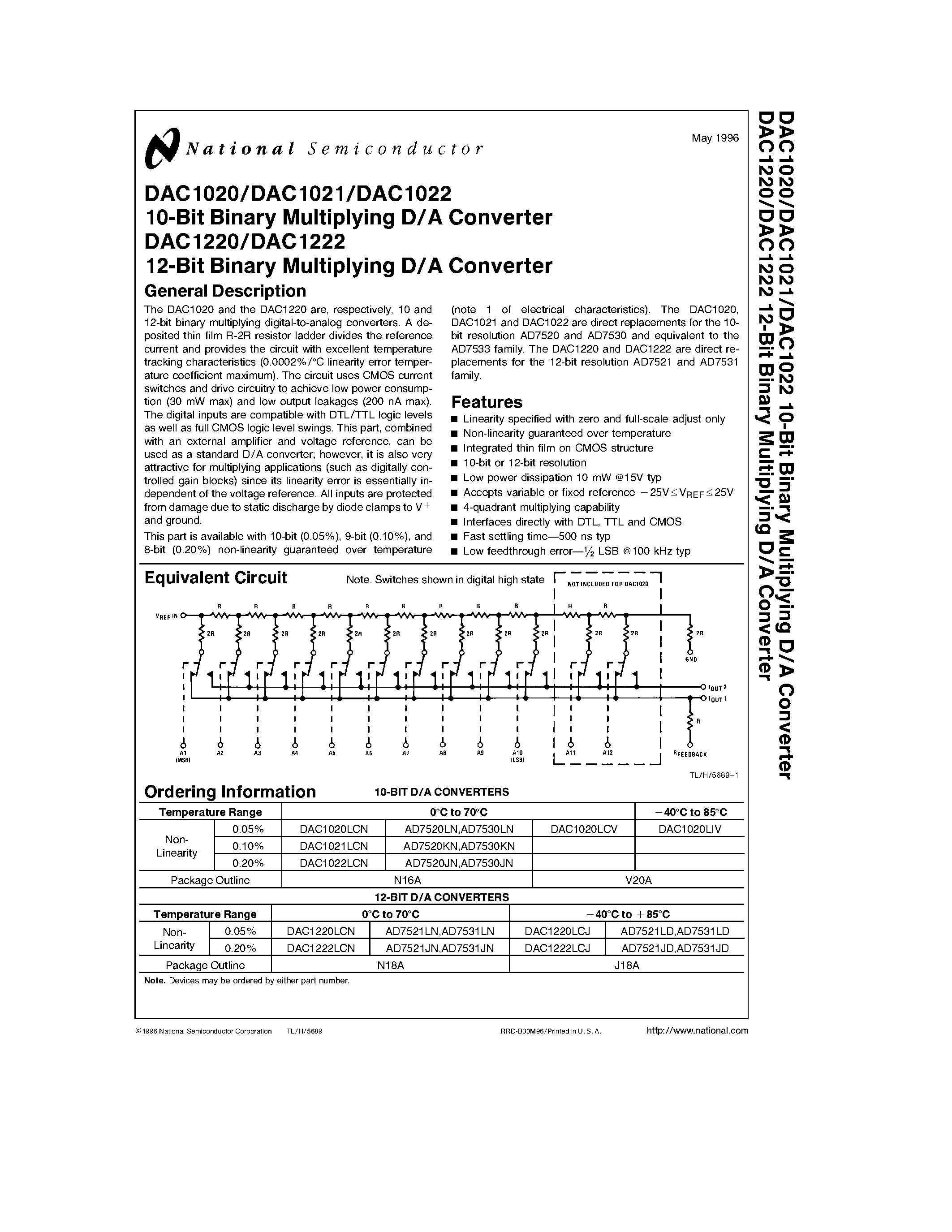Datasheet AD7530KN - 10-Bit/ 12-Bit Binary Multiplying D/A Converter page 1