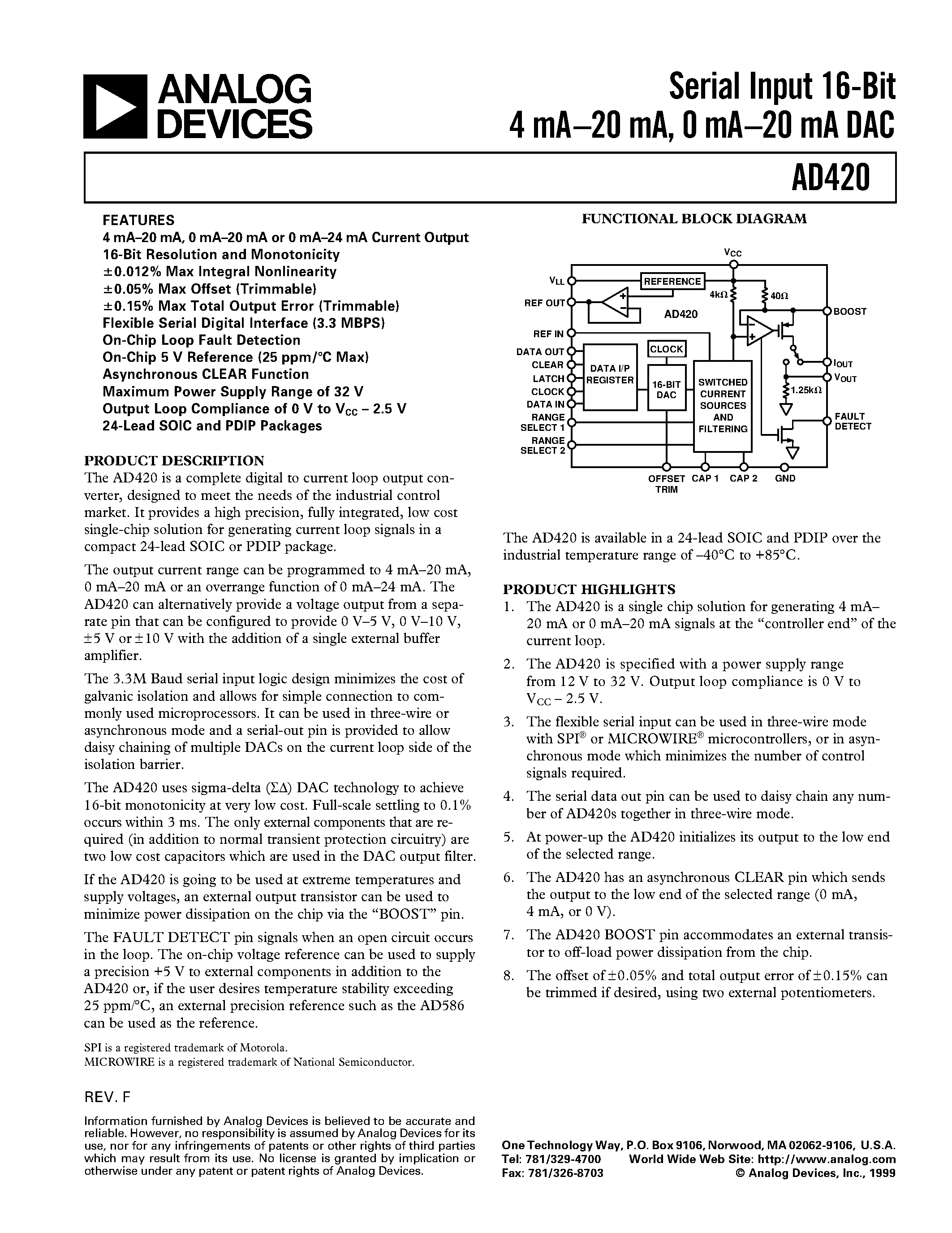 Datasheet AD420AN-32 - Serial Input 16-Bit 4 mA-20 mA/ 0 mA-20 mA DAC page 1