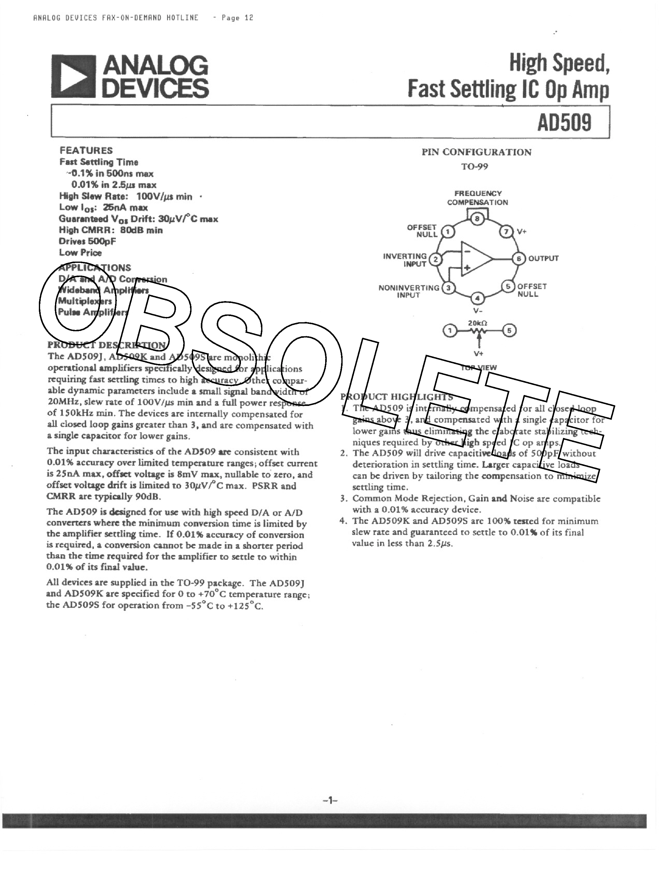 Datasheet AD509 - HIGH SPEED FAST SETTING IC OP AMP page 1