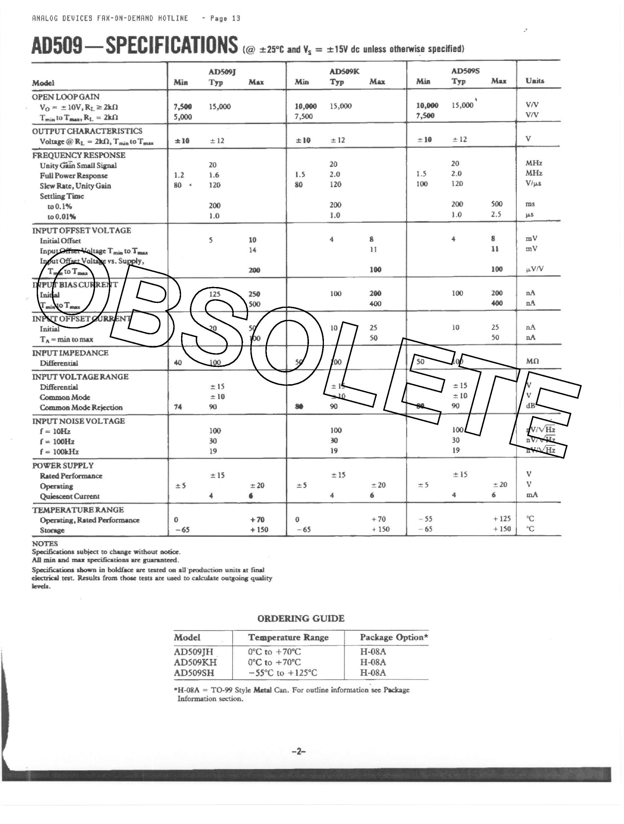 Datasheet AD509JH - HIGH SPEED FAST SETTING IC OP AMP page 2
