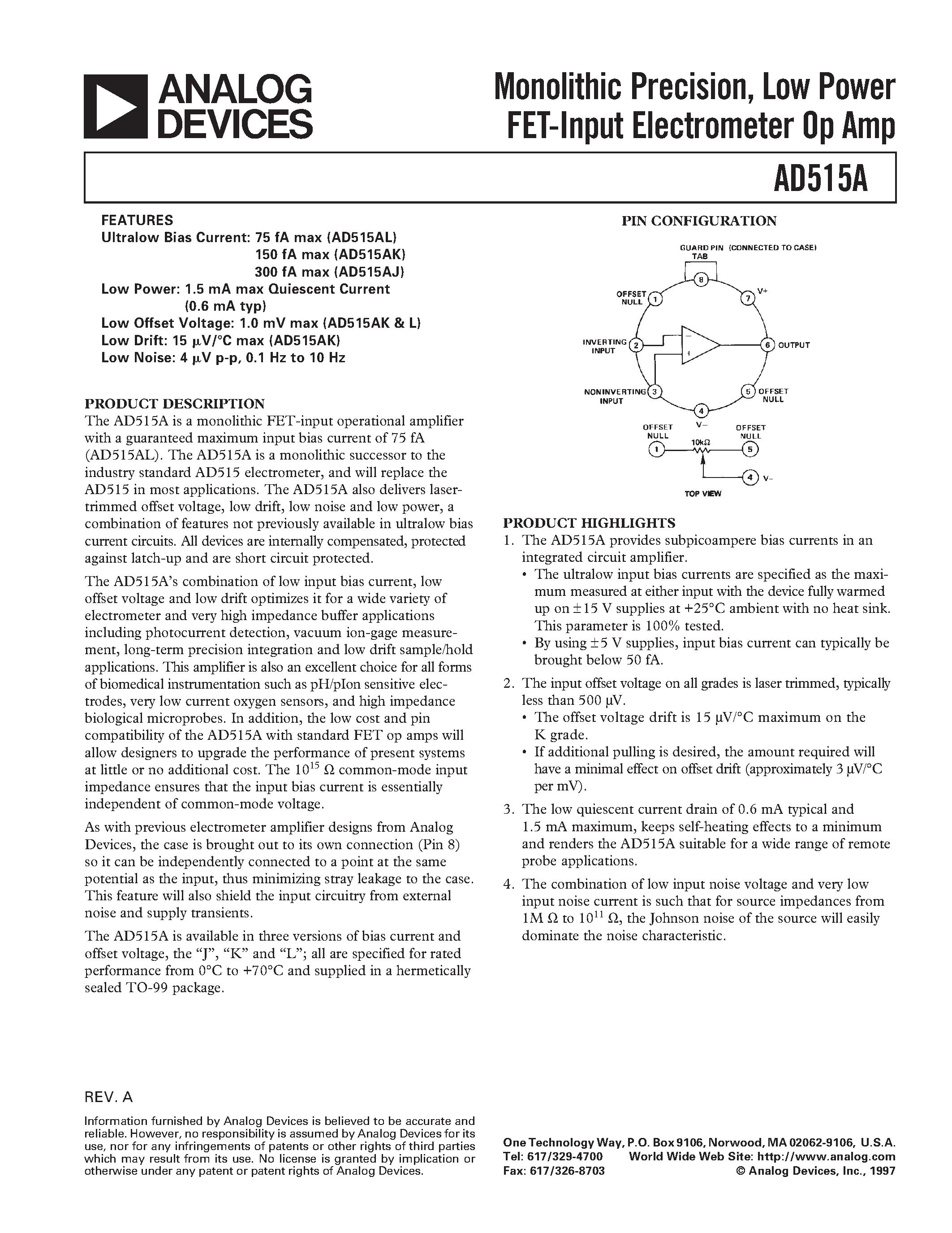 Даташит AD515A - Monolithic Precision/ Low Power FET-Input Electrometer Op Amp страница 1
