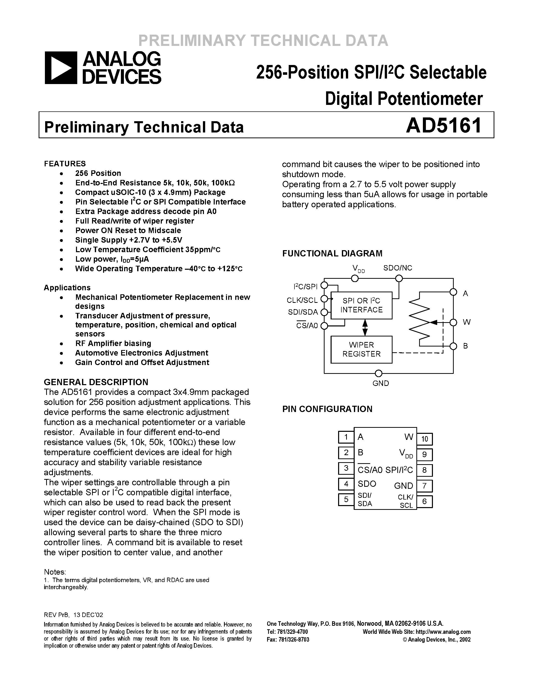 Даташит AD5161BRM5 - 256-Position SPI/I2C Selectable Digital Potentiometer страница 1