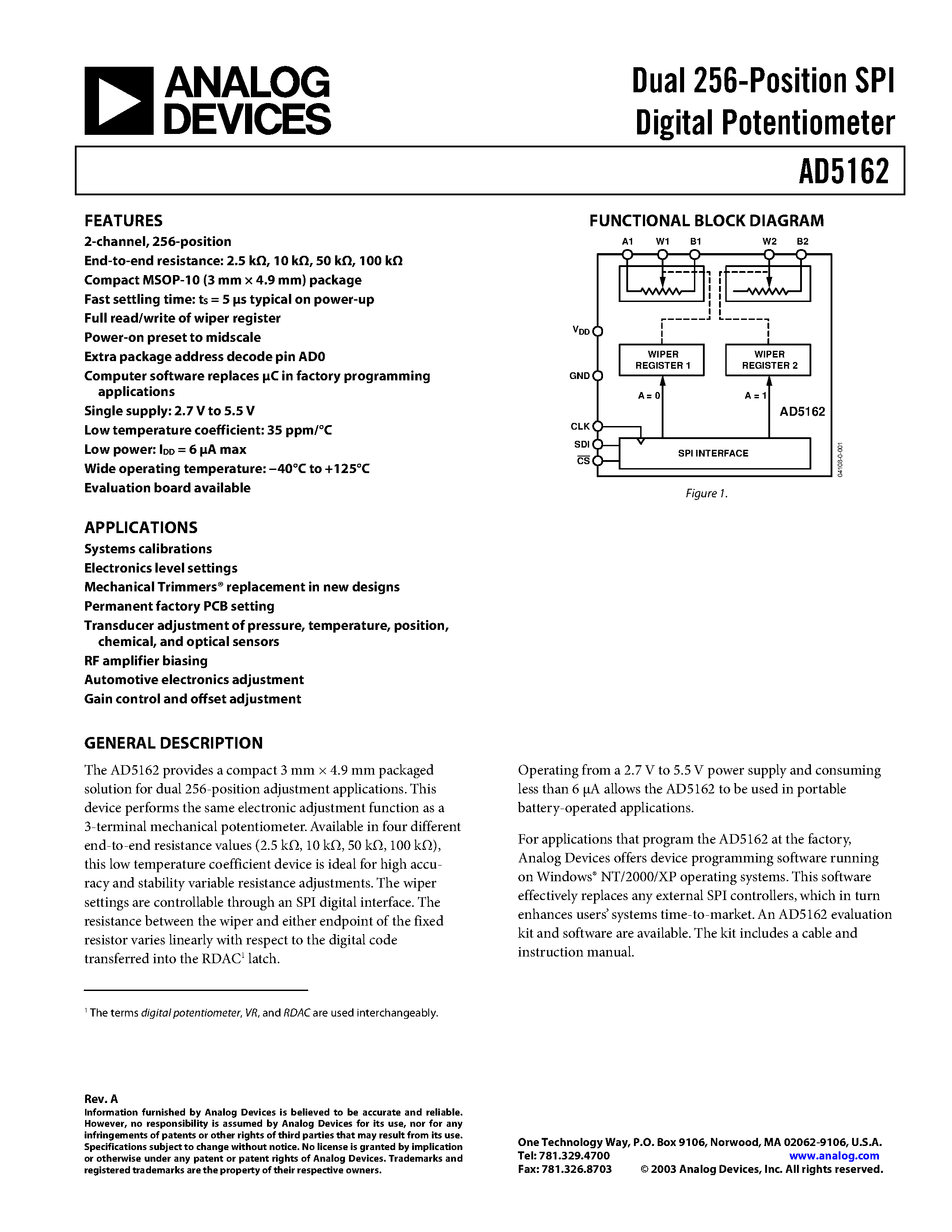 Даташит AD5162BRM10 - Dual 256-Position SPI Digital Potentiometer страница 1