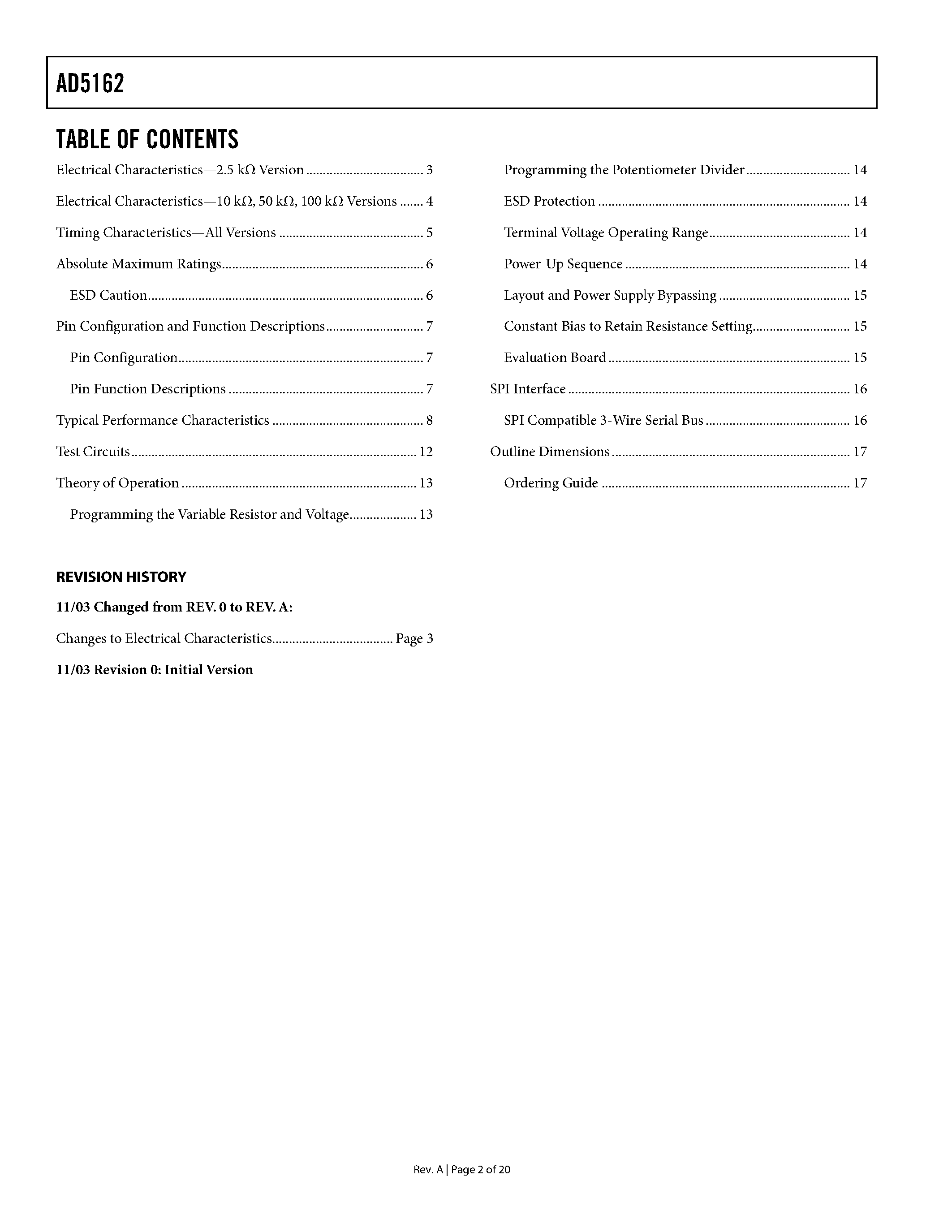 Datasheet AD5162BRM10-RL7 - Dual 256-Position SPI Digital Potentiometer page 2