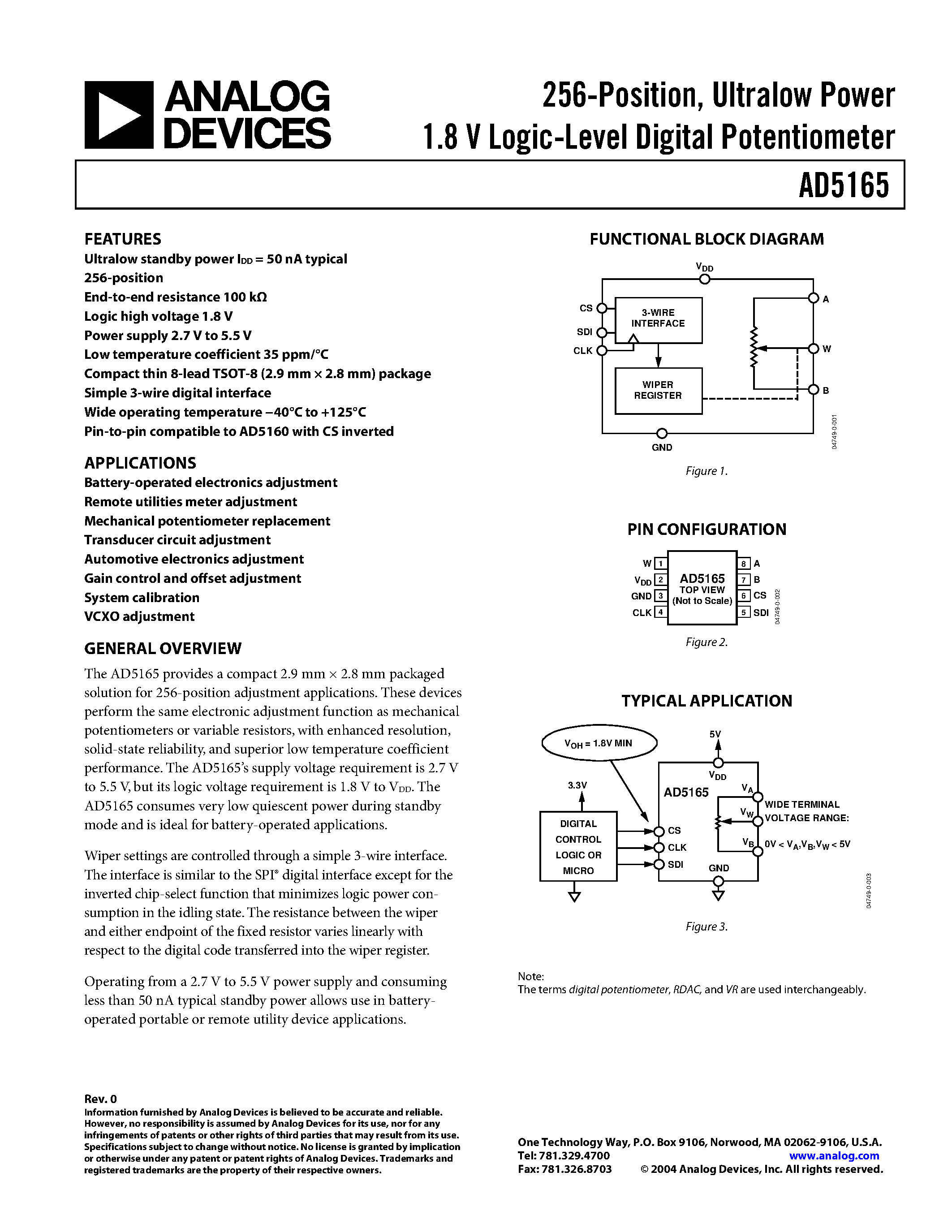 Datasheet AD5165 - 256-Position/ Ultralow Power 1.8 V Logic-Level Digital Potentiometer page 1
