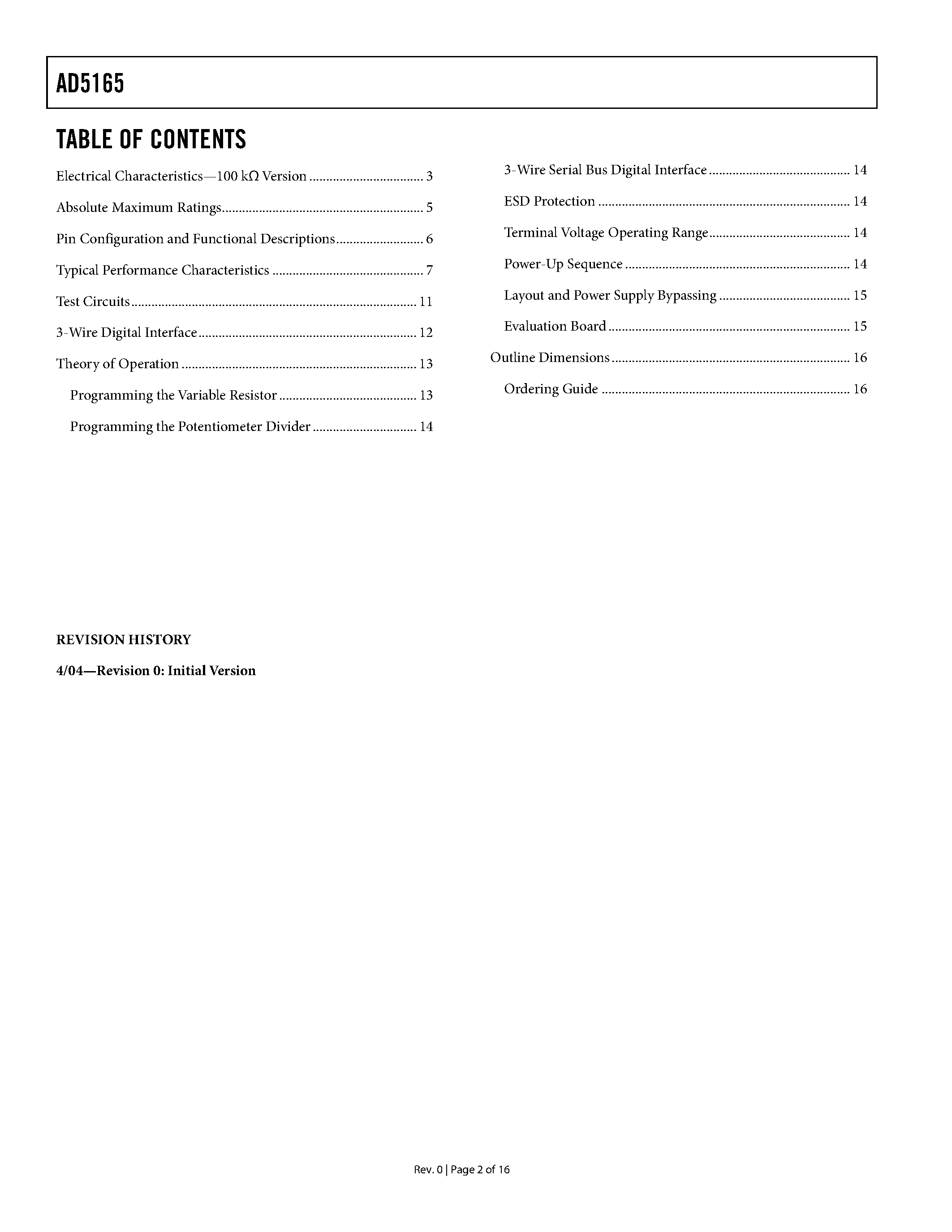 Datasheet AD5165 - 256-Position/ Ultralow Power 1.8 V Logic-Level Digital Potentiometer page 2