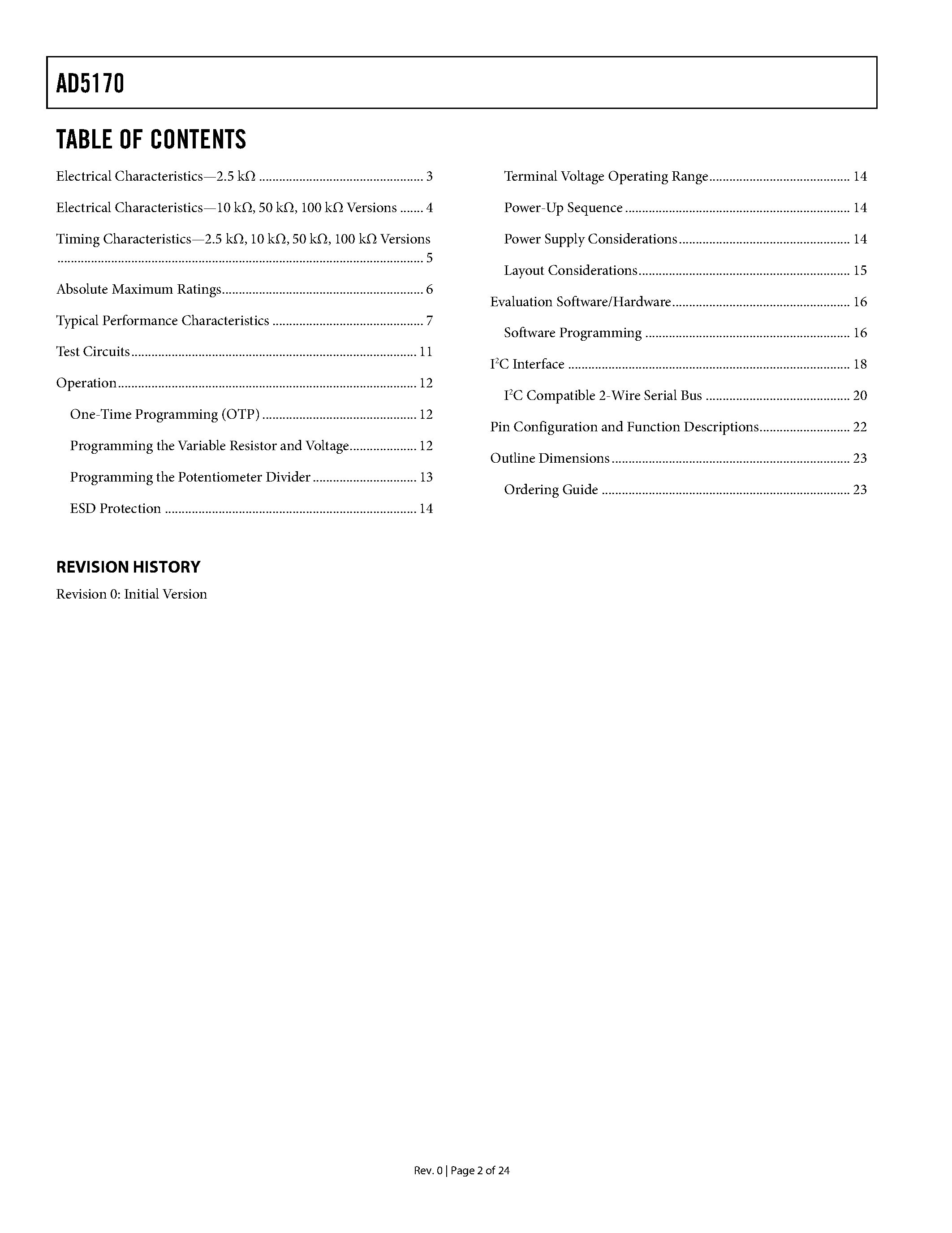 Datasheet AD5170 - 256-Position Two-Time Programmable I2C Digital Potentiometer page 2