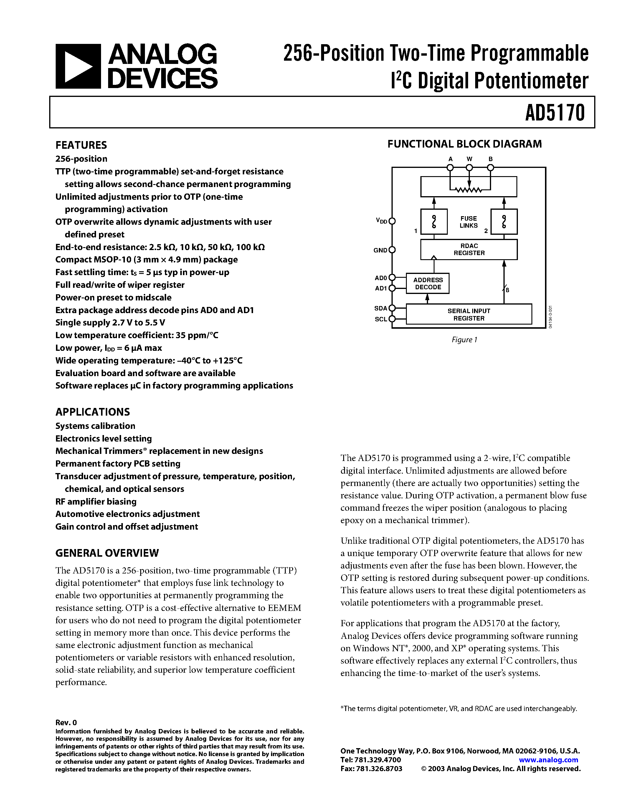 Datasheet AD5170BRM50-RL7 - 256-Position Two-Time Programmable I2C Digital Potentiometer page 1