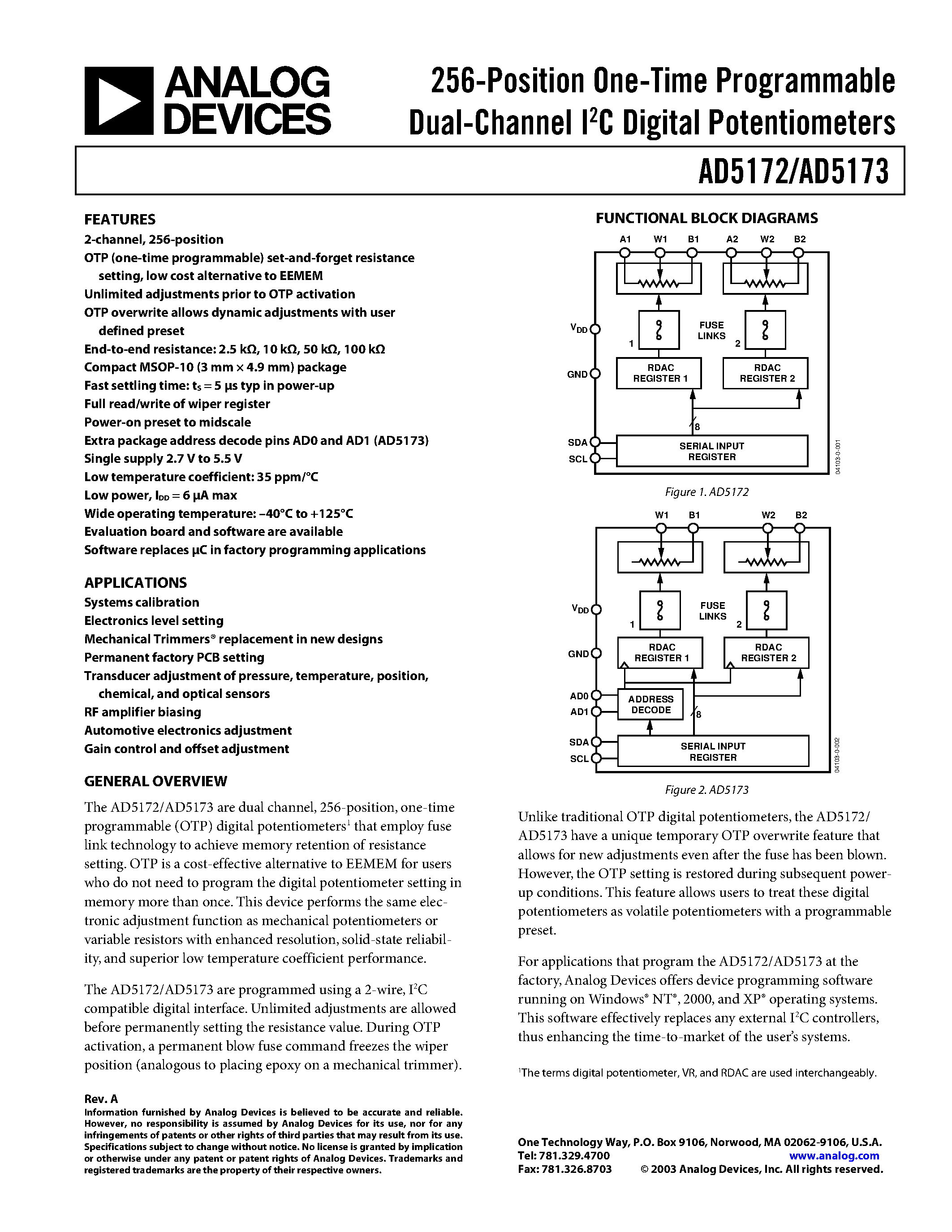 Datasheet AD5173BRM50 - 256-Position One-Time Programmable Dual-Channel I2C Digital Potentiometers page 1