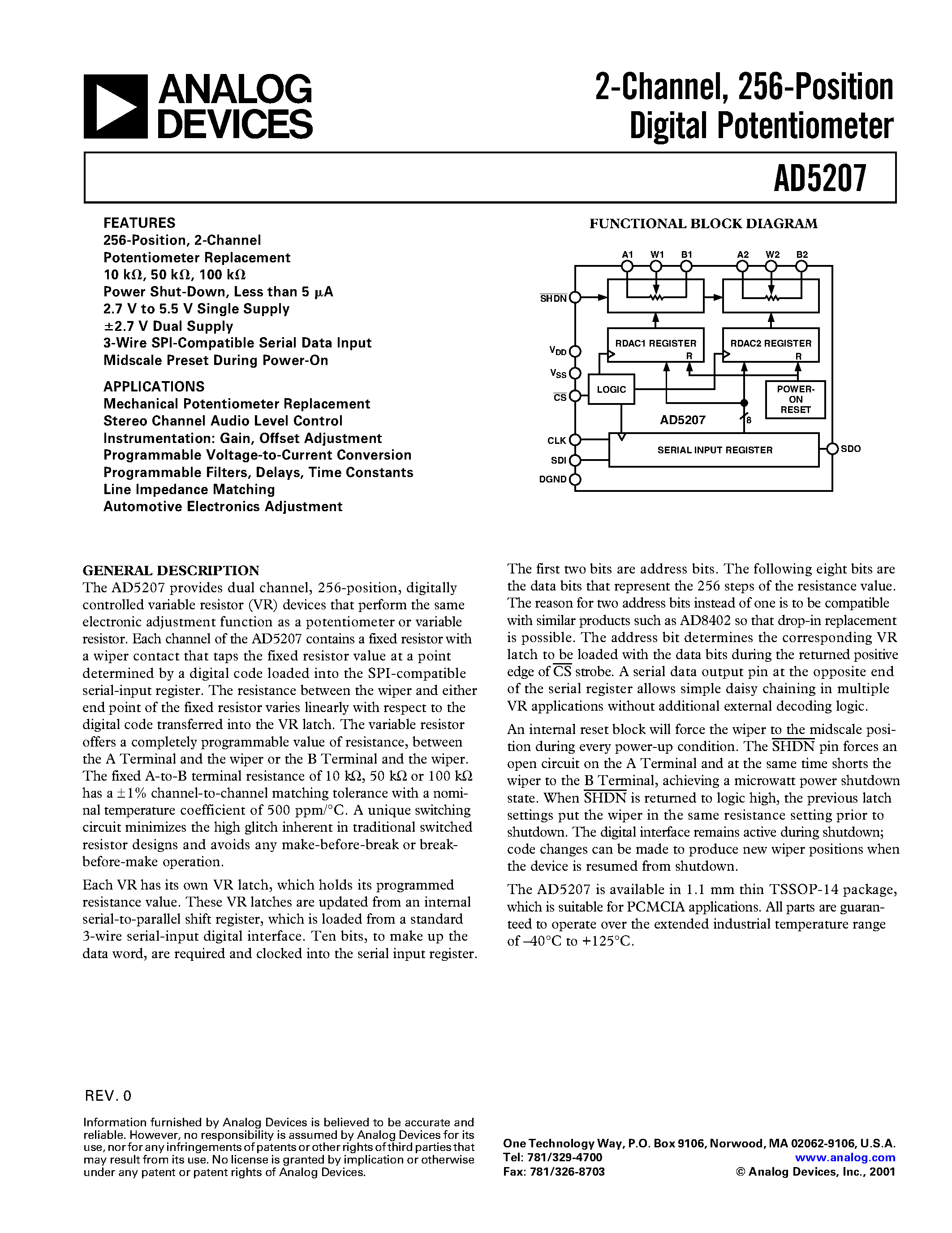 Datasheet AD5201 - 8-Bit Dual Nonvolatile Memory Digital Potentiometer page 1