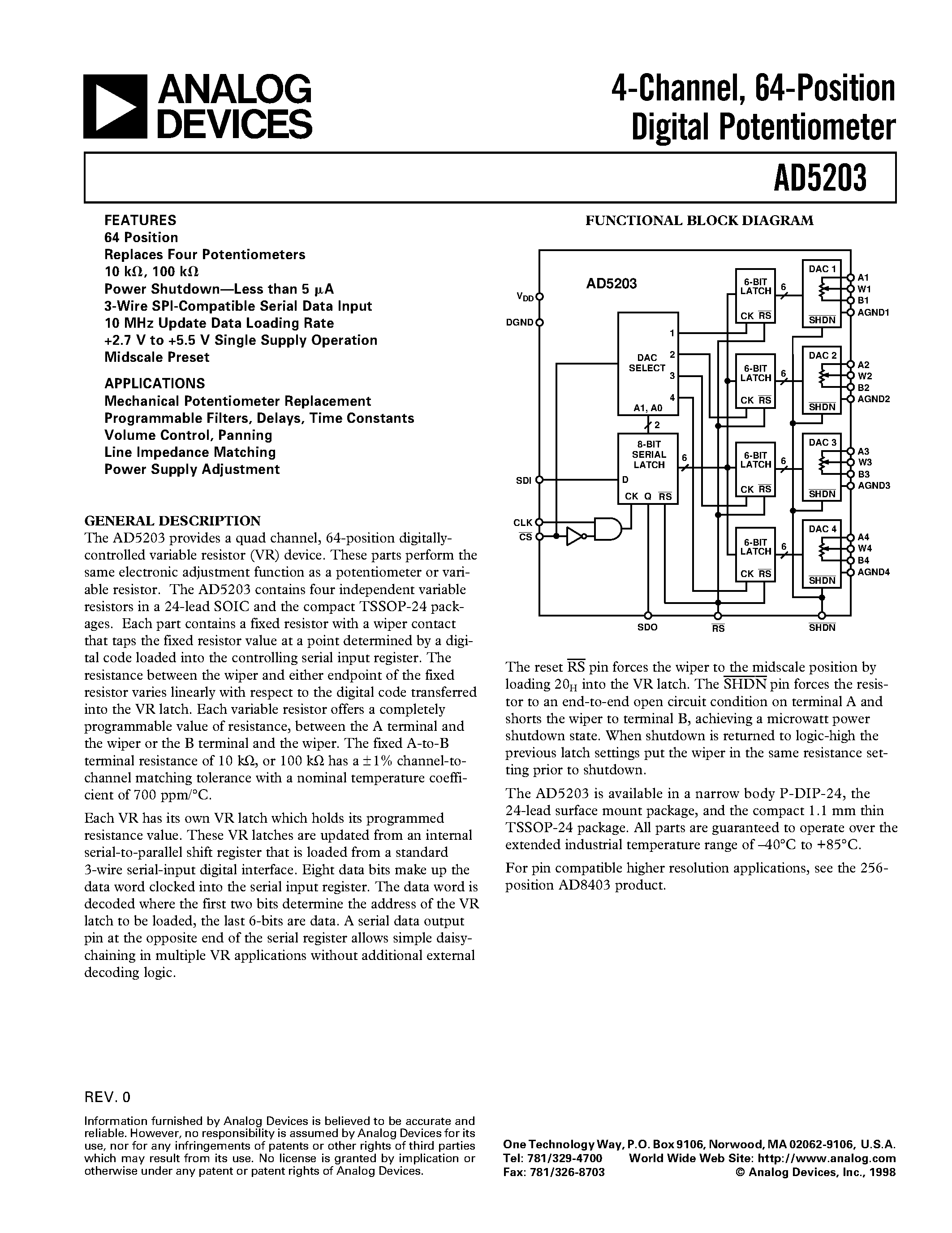 Datasheet AD5203ARU100 - 4-Channel/ 64-Position Digital Potentiometer page 1