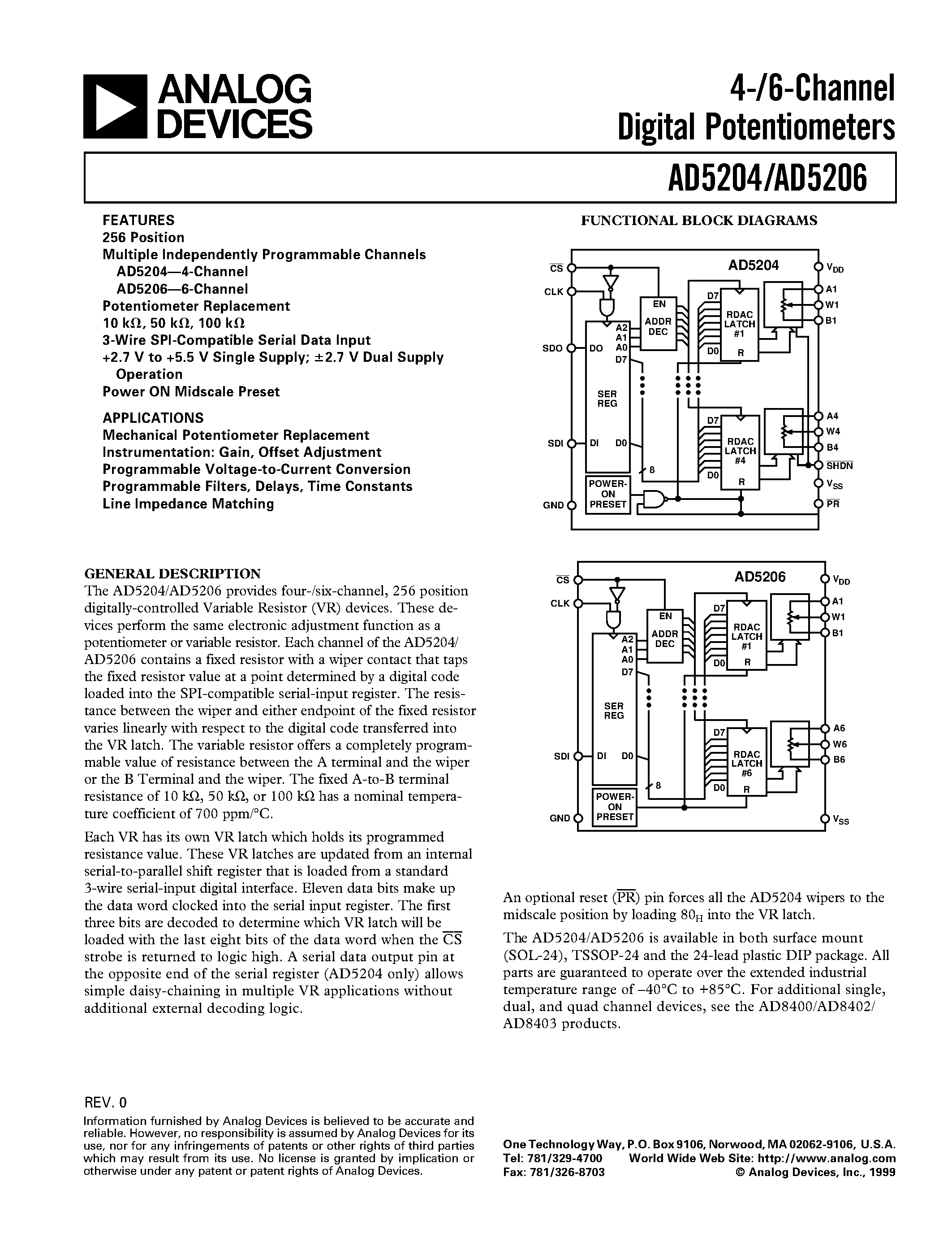 Datasheet AD5206BRU100 page 1 Datasheet AD5206BRU100 - 4-/6-Channel Digital Potentiometers page 1