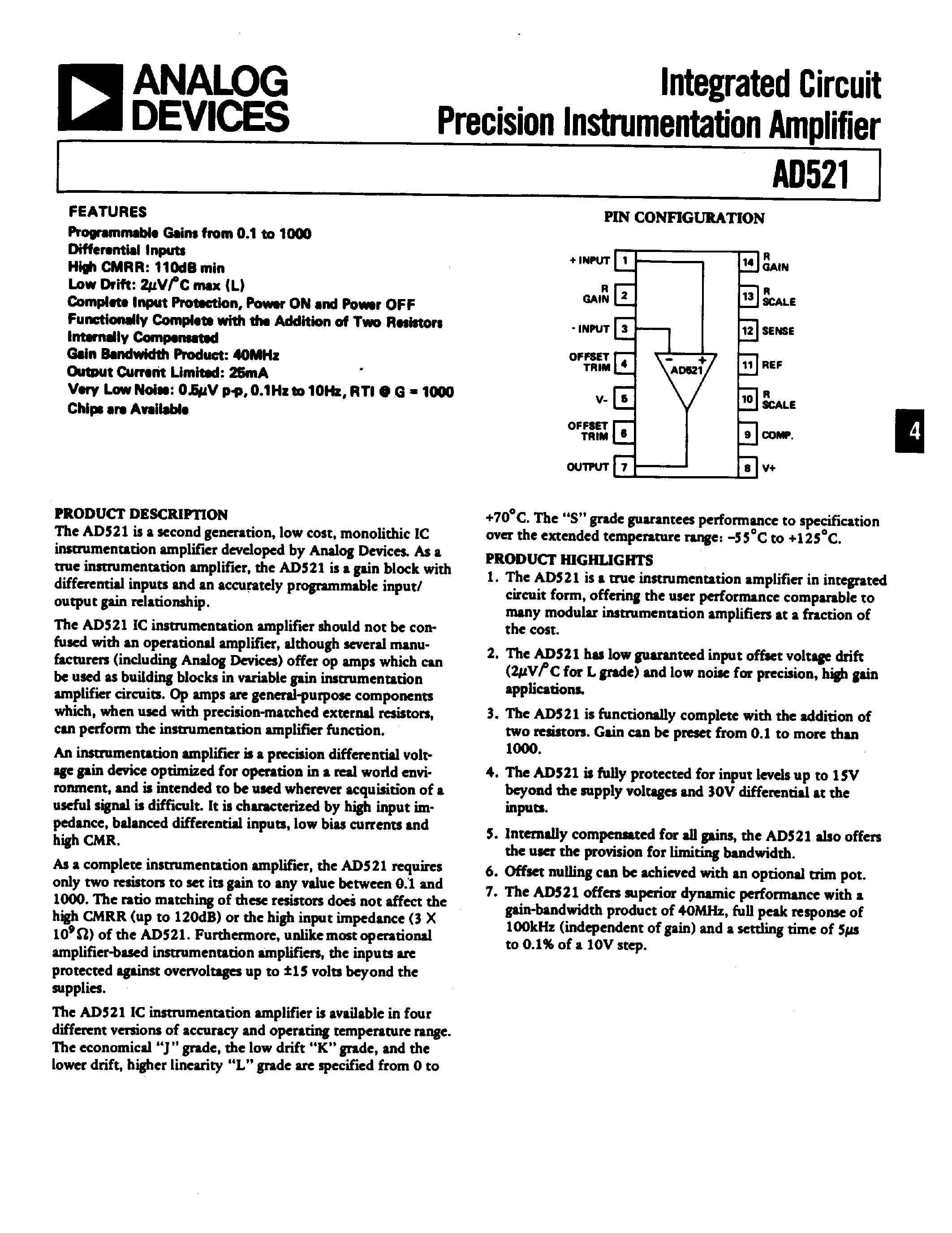Datasheet AD521 page 1 Datasheet AD521 - Integrated Circuit Precision Instrumentation Amplifier page 1