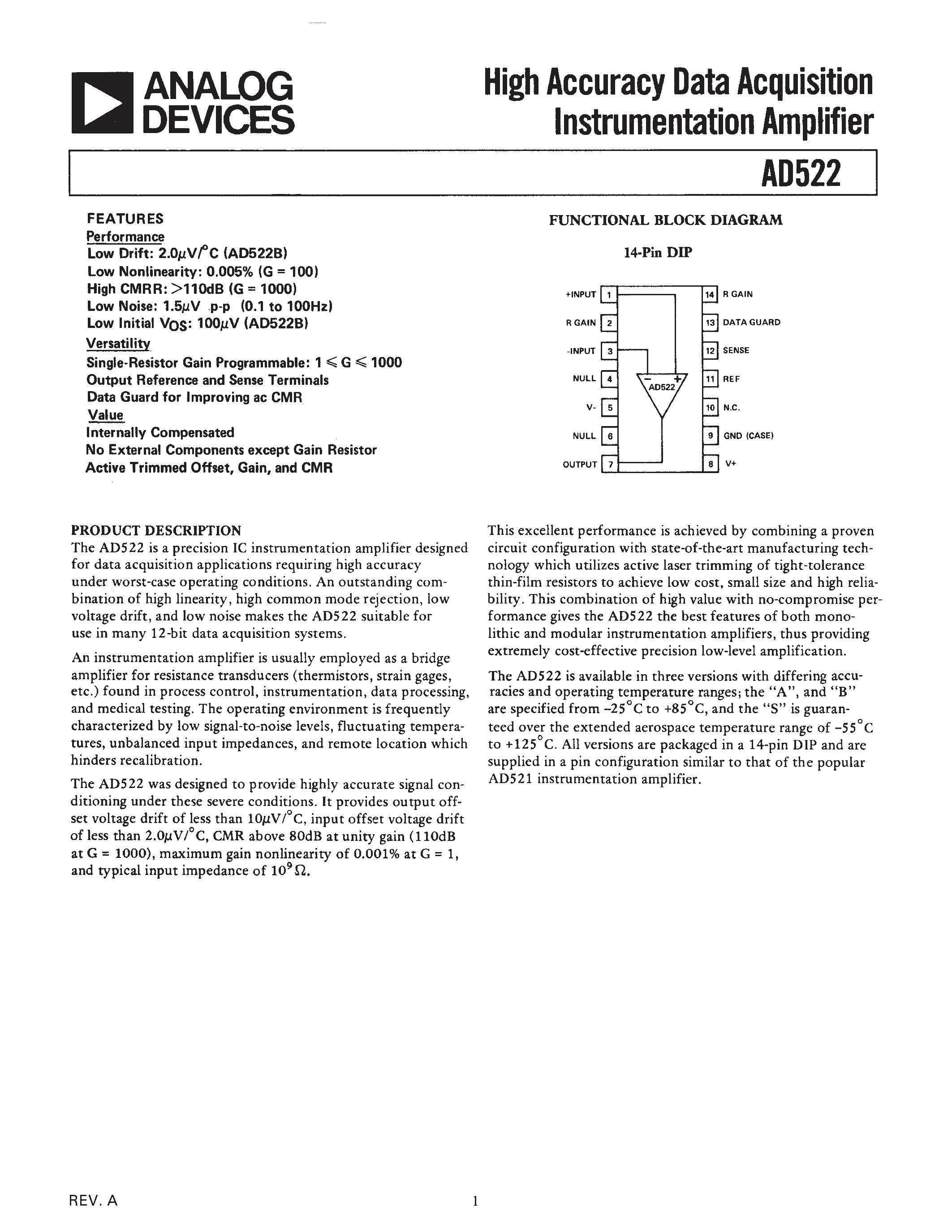 Datasheet AD522 - High Accuracy Data Acquisition Instrumentation Amplifier page 1