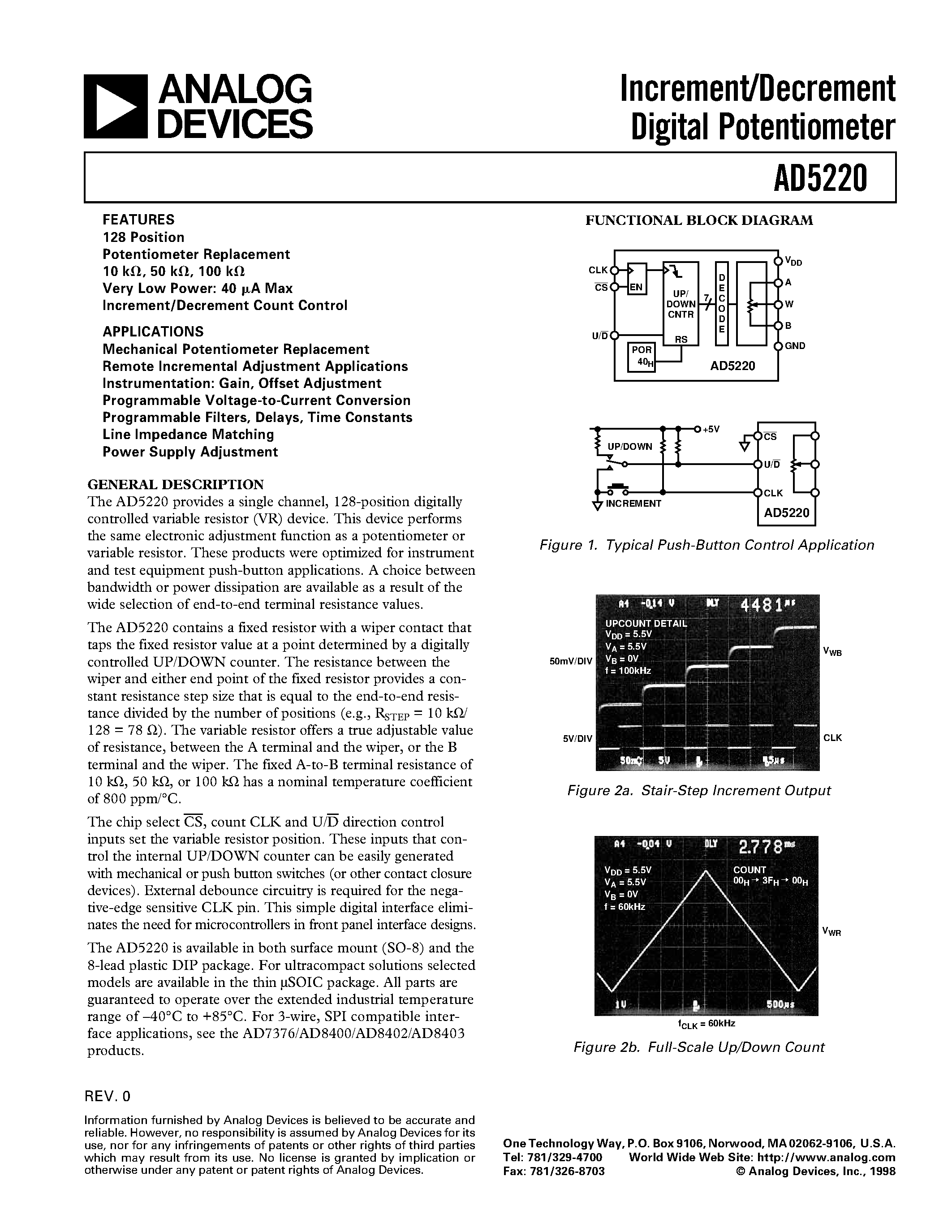 Datasheet AD5220BR100 - Increment/Decrement Digital Potentiometer page 1
