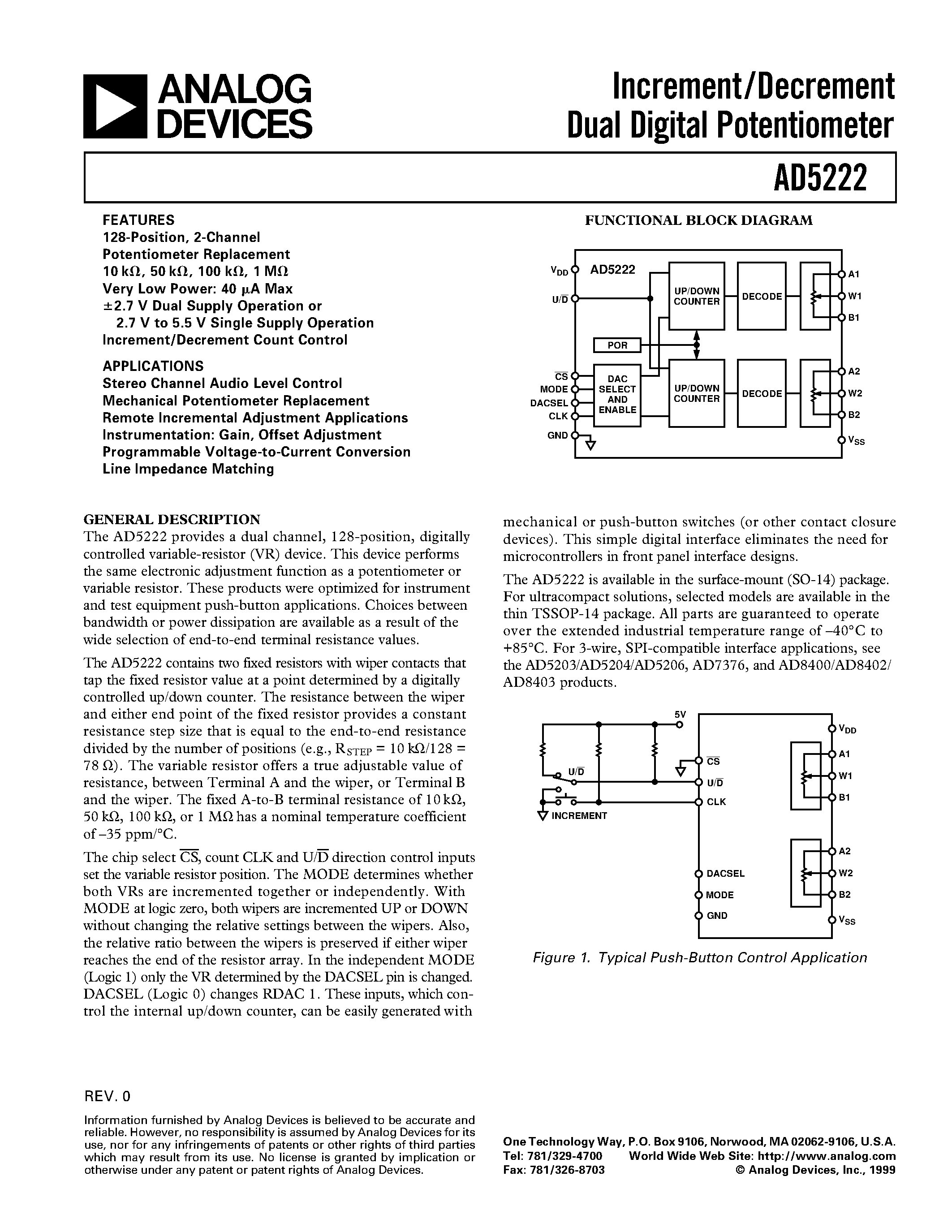 Datasheet AD5222BRU50 - Increment/Decrement Dual Digital Potentiometer page 1