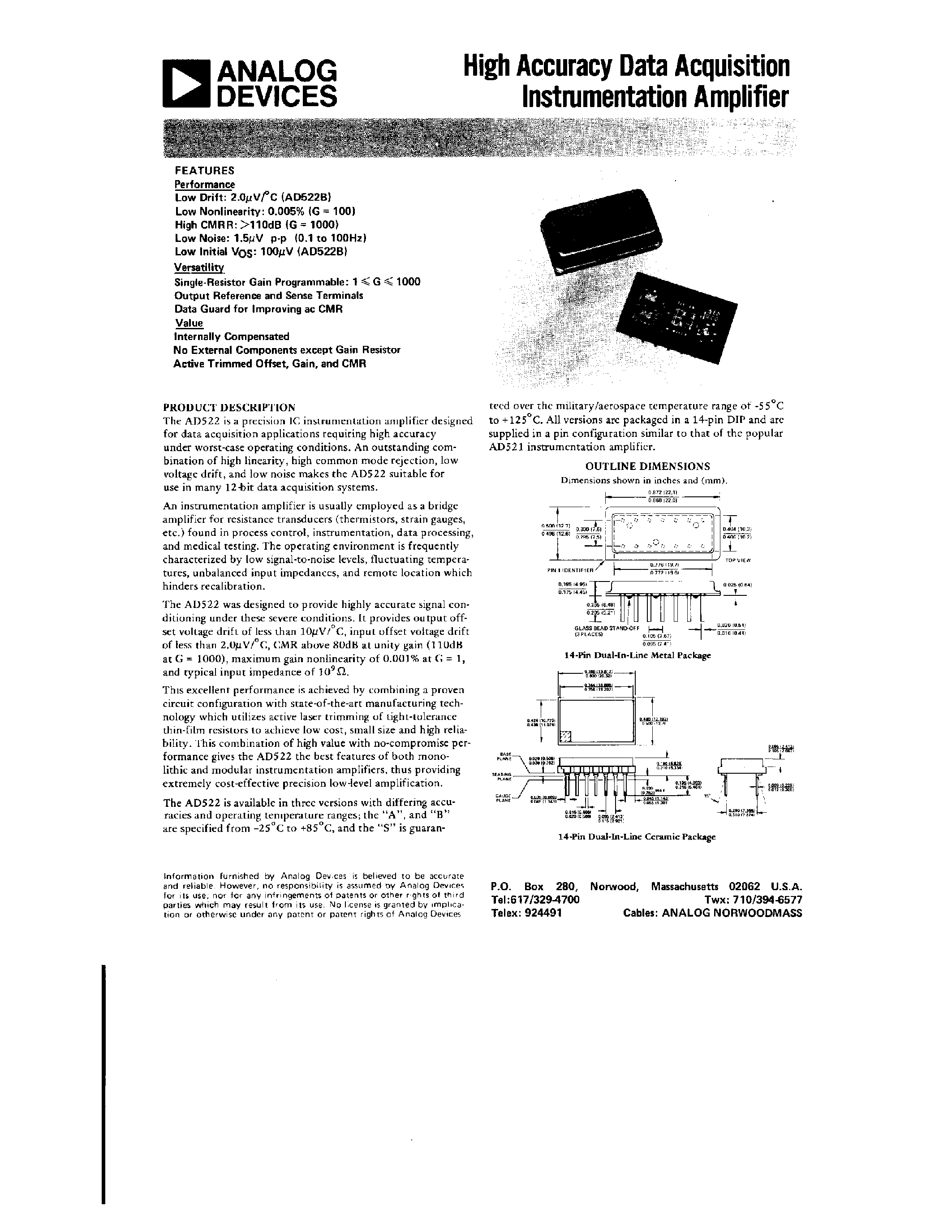 Datasheet AD522BD - High Accuracy Data Acquisition Instrumentation Amplifier page 1