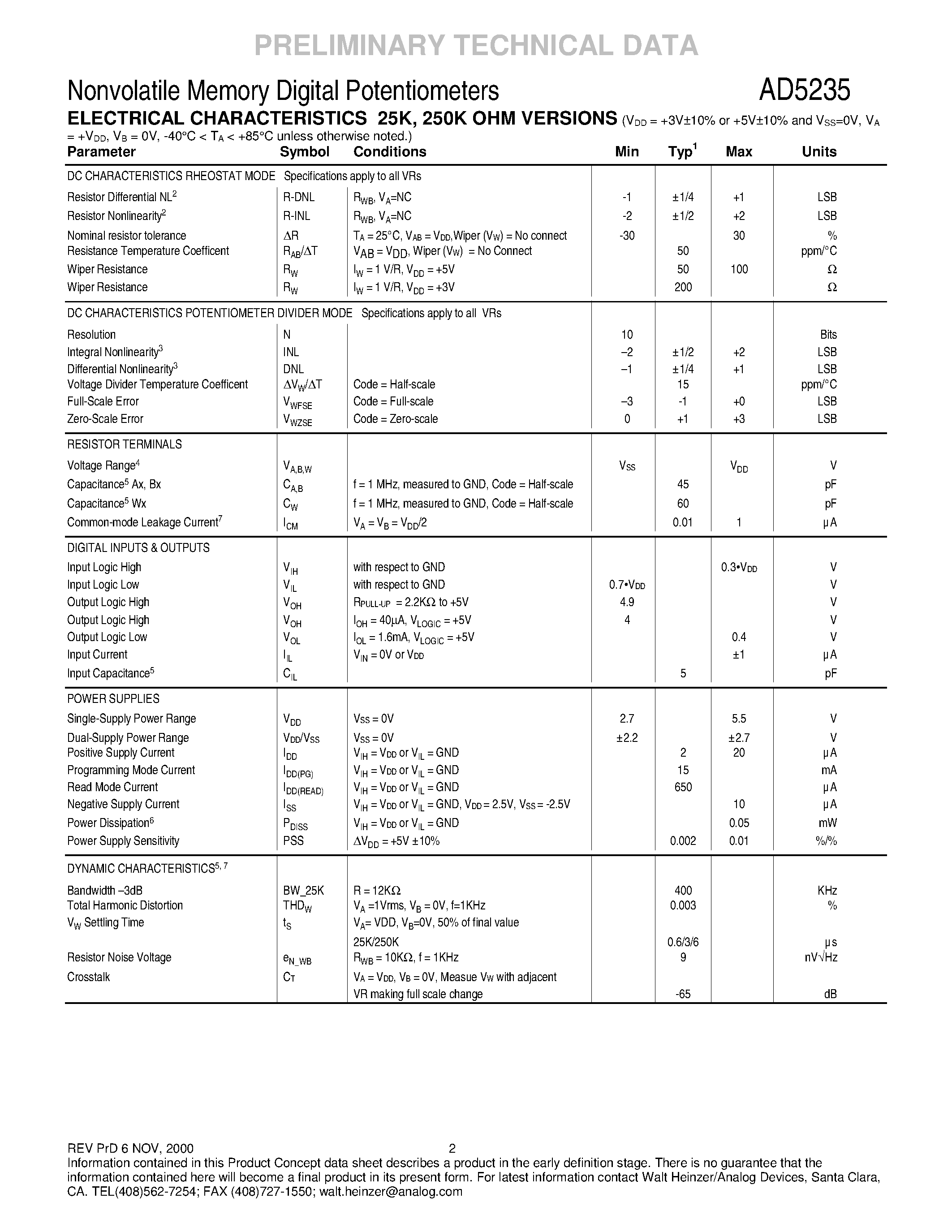 Datasheet AD5235 - 8-Bit Dual Nonvolatile Memory Digital Potentiometer page 2