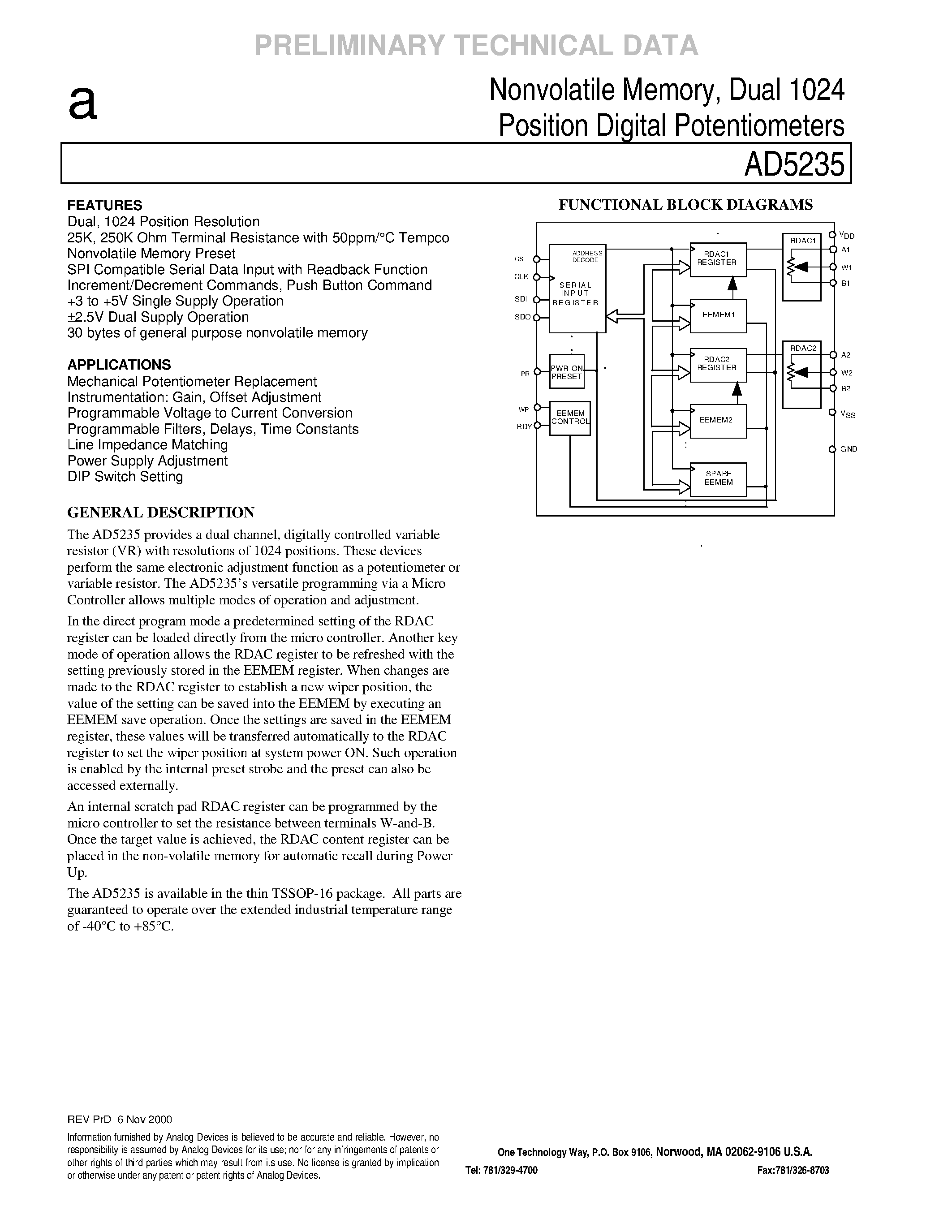 Datasheet AD5235BRU25 page 1 Datasheet AD5235BRU25 - Nonvolatile Memory/ Dual 1024 Position Digital Potentiometers page 1