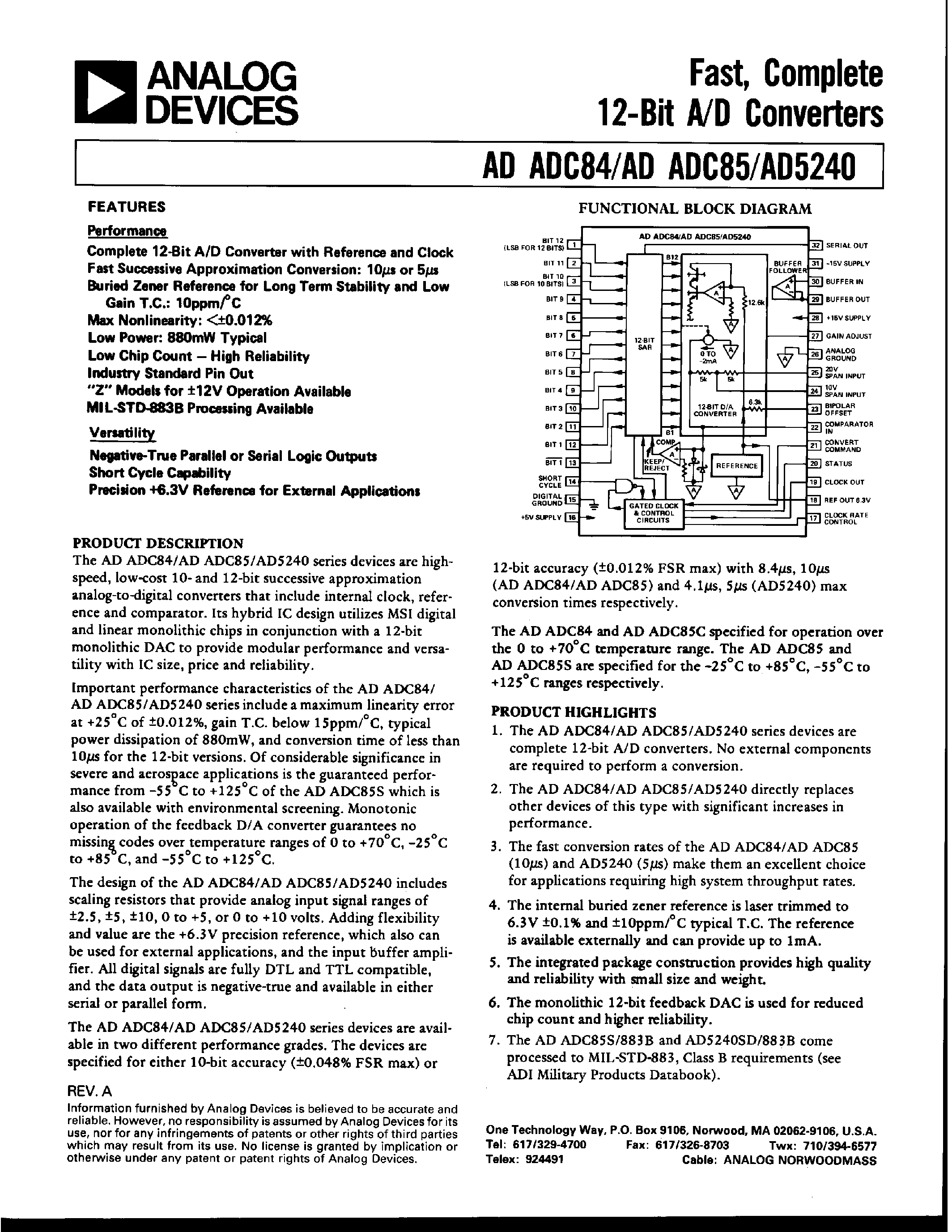 Datasheet AD5240SD - FAST/ COMPLETE 12-BIT A/D CONVERTERS page 1
