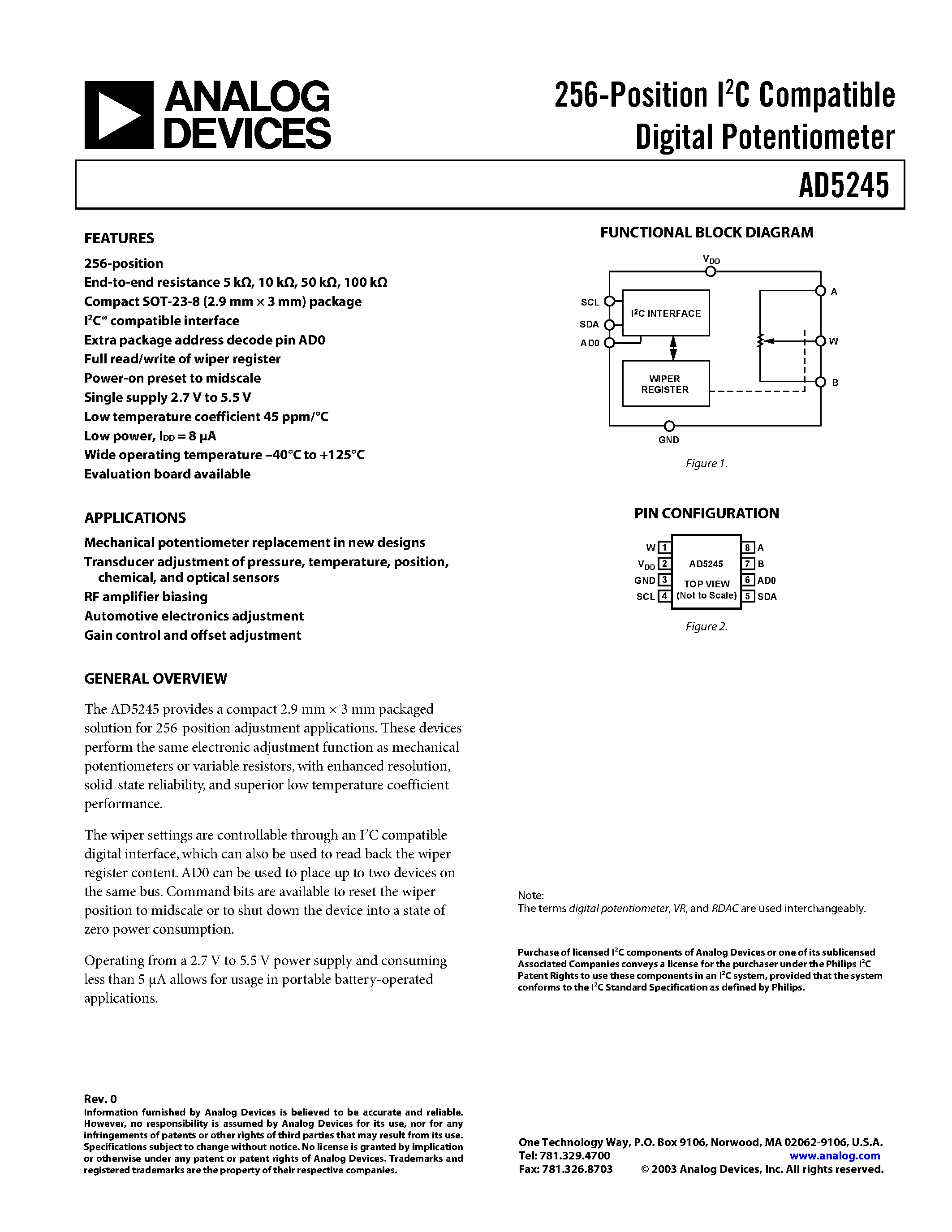 Datasheet AD5245BRJ5-RL7 - 256-Position I2C Compatible Digital Potentiometer page 1