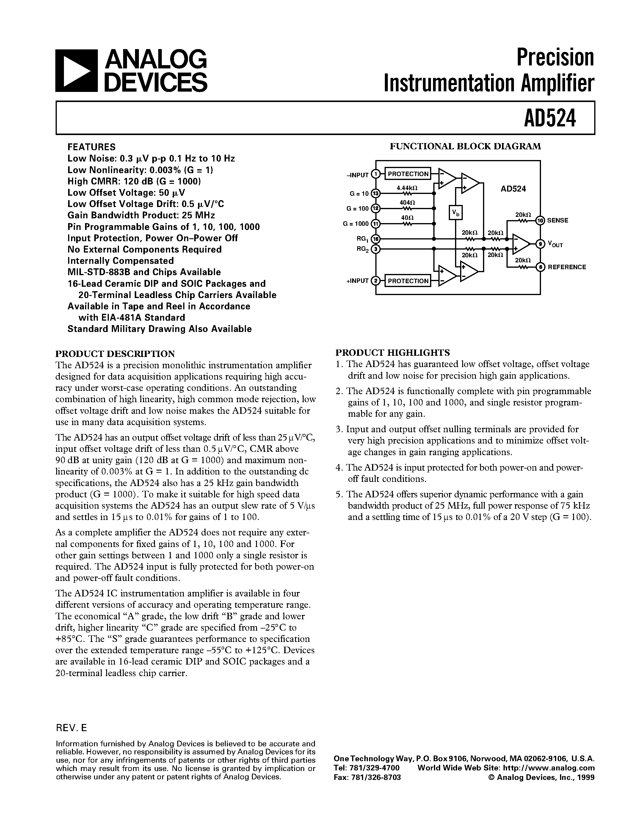 Datasheet AD524AR-16-REEL page 1 Datasheet AD524AR-16-REEL - Precision Instrumentation Amplifier page 1