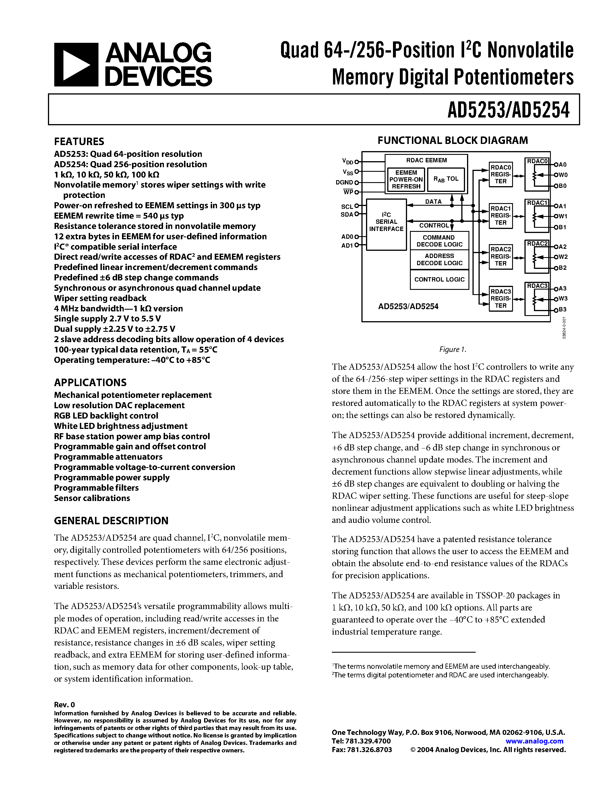 Datasheet AD5253 - Quad 64-/256-Position I2C Nonvolatile Memory Digital Potentiometers page 1