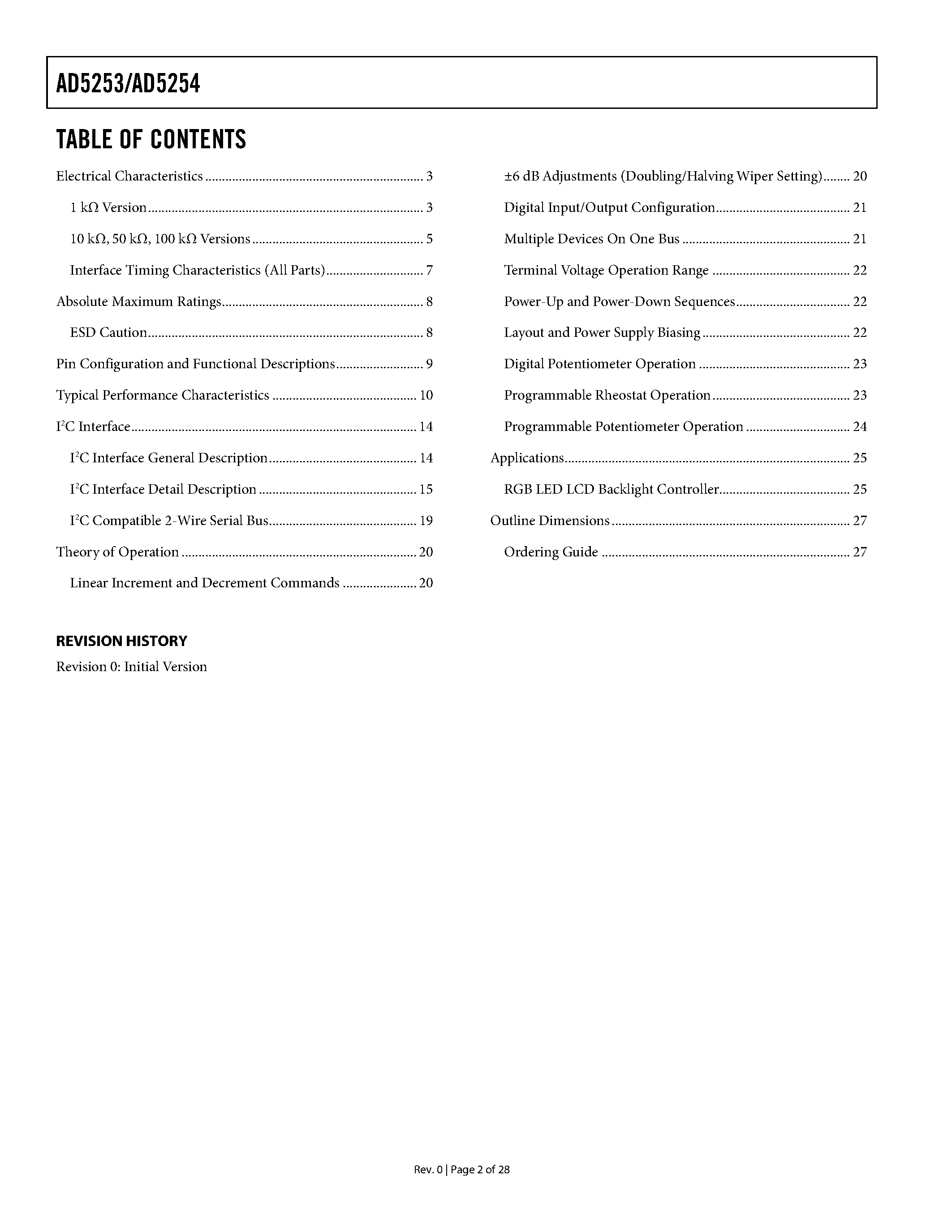 Datasheet AD5253EVAL - Quad 64-/256-Position I2C Nonvolatile Memory Digital Potentiometers page 2
