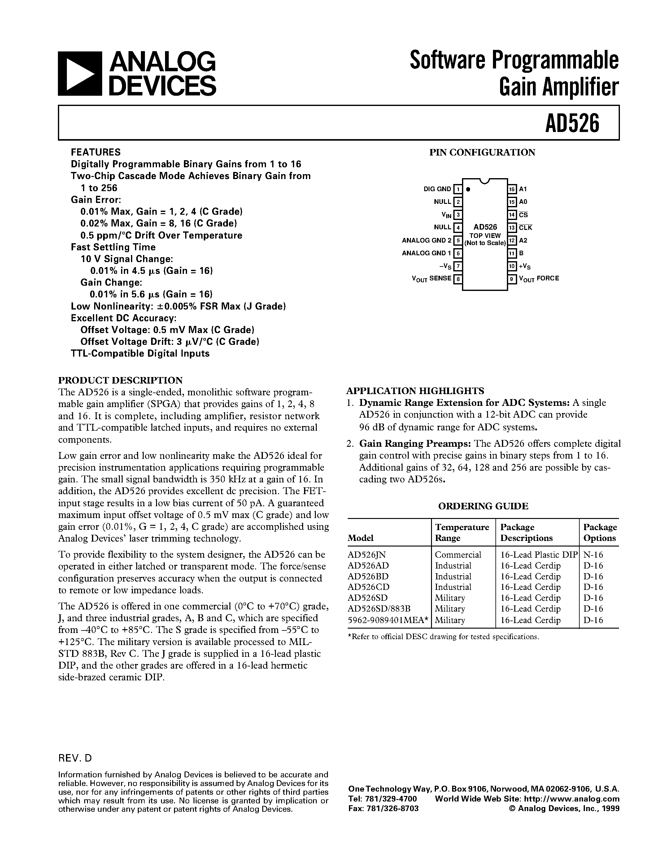 Datasheet AD526CD - Software Programmable Gain Amplifier page 1