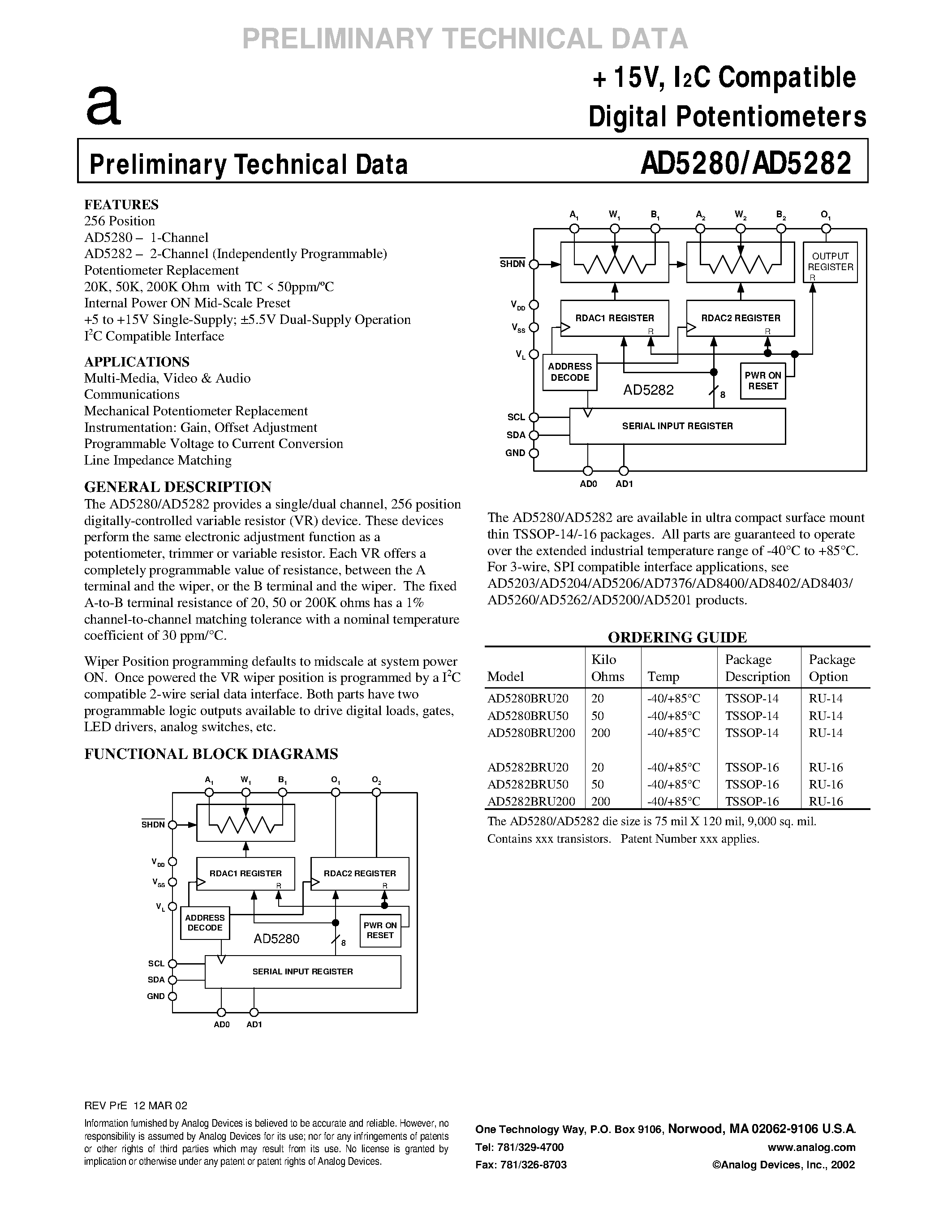 Datasheet AD5280 - +15V/ I2C Compatible Digital Potentiometers page 1